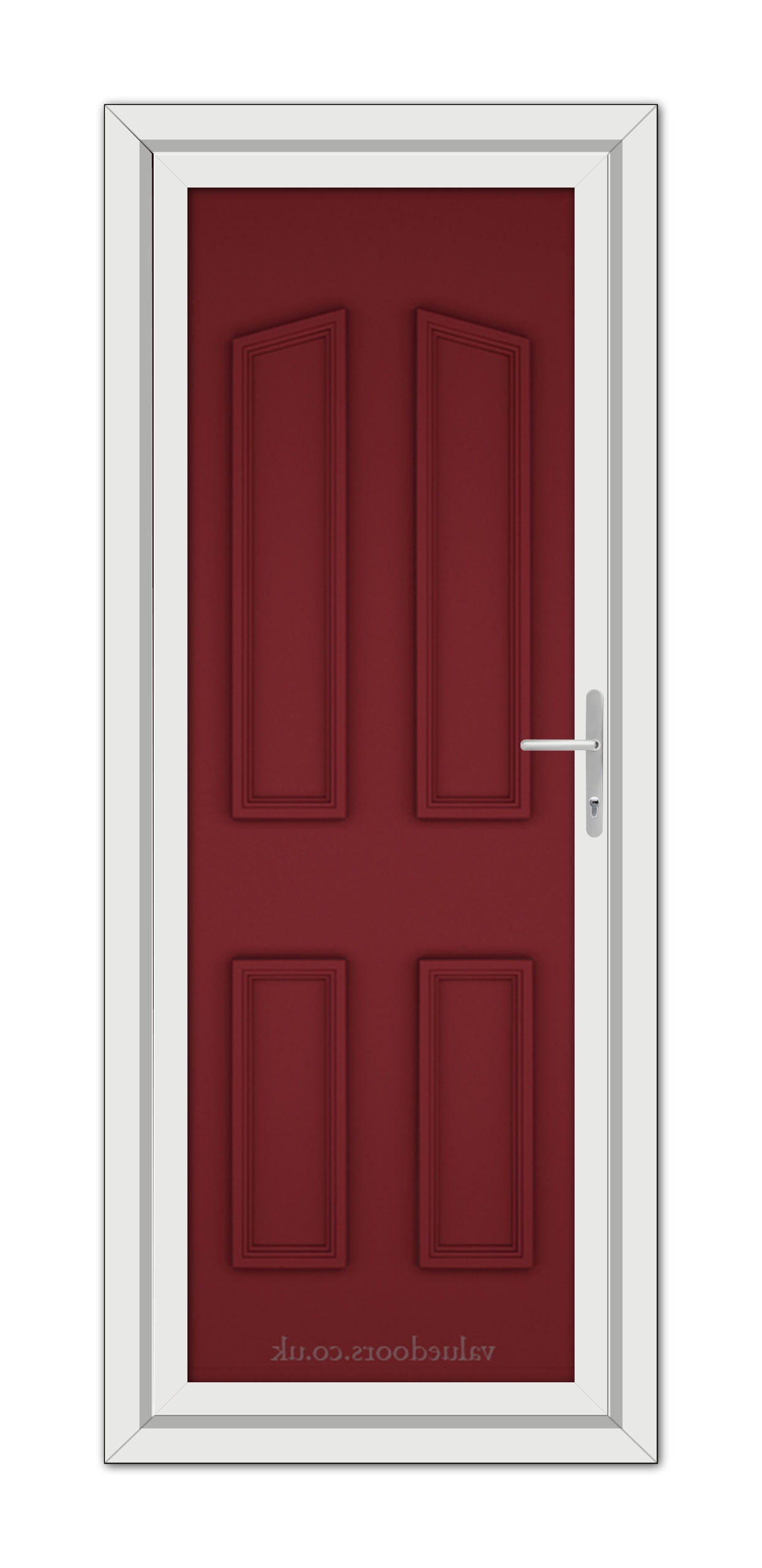 A modern Red Kensington Solid uPVC Door with a silver handle, set within a white door frame.