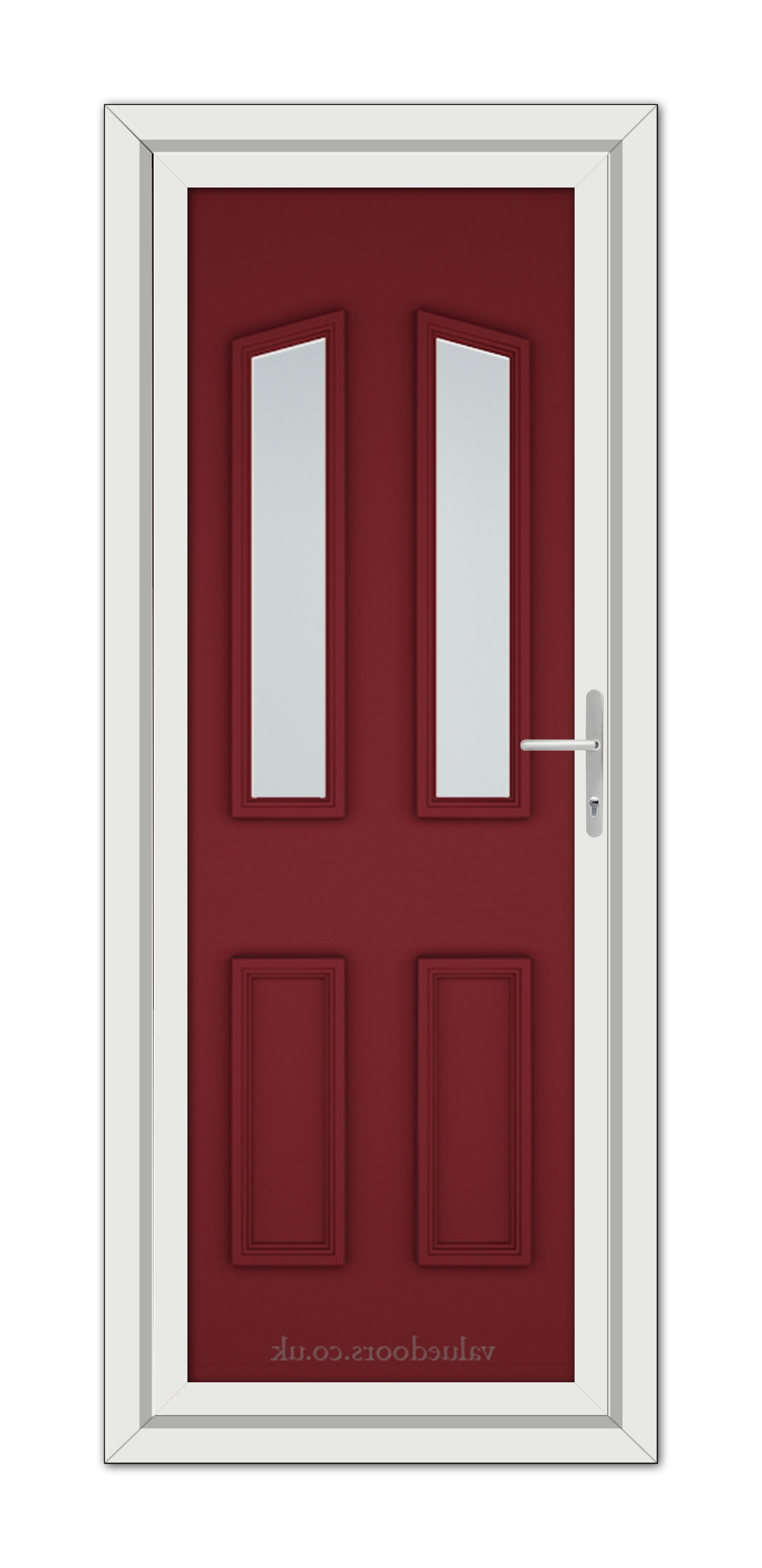 A modern Red Kensington uPVC Door with two vertical glass panels and a white frame, featuring a sleek silver handle on the right.