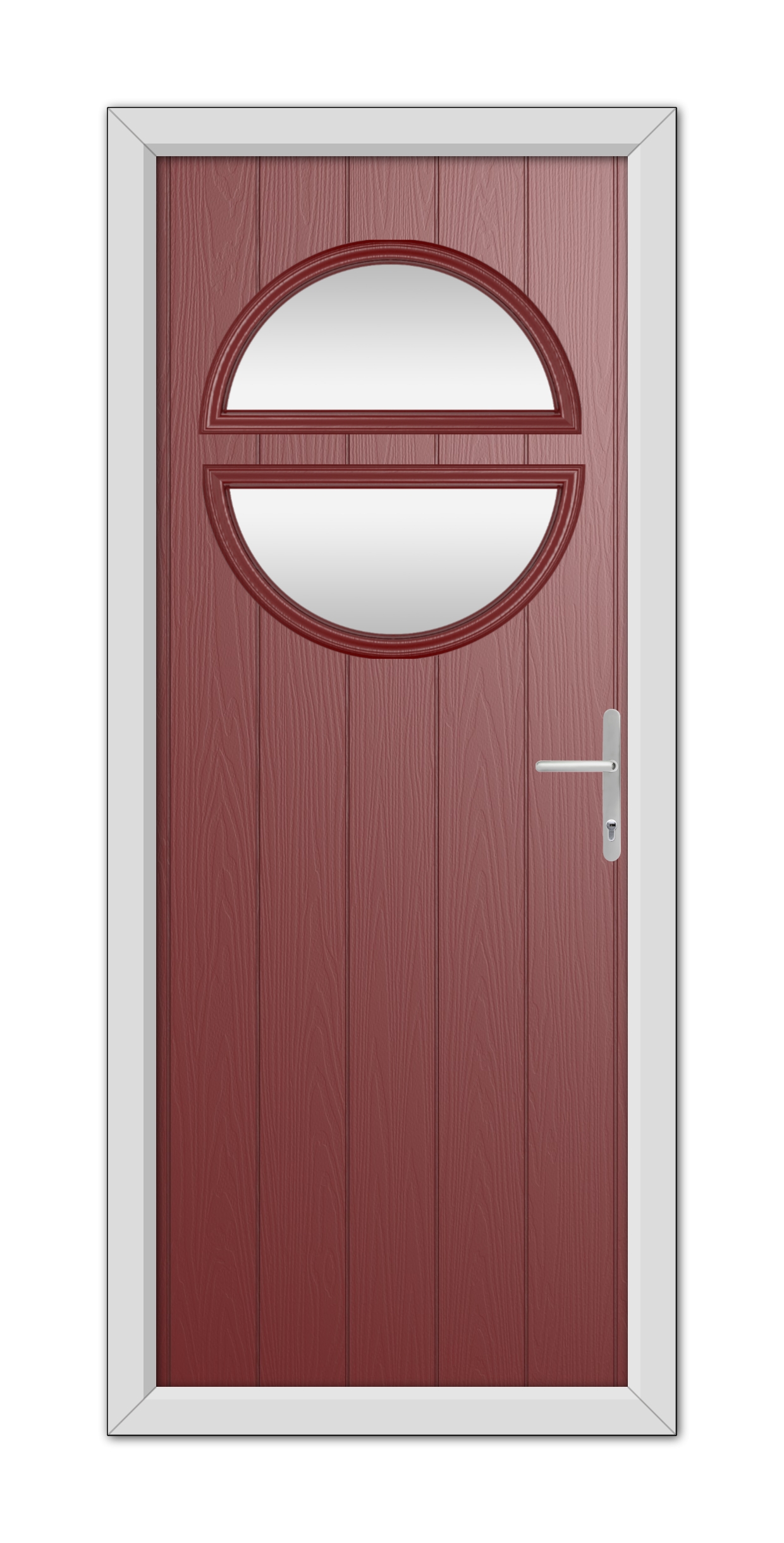 A modern Red Kent Composite Door 48mm Timber Core with an oval glass window and a silver handle, set in a white frame.