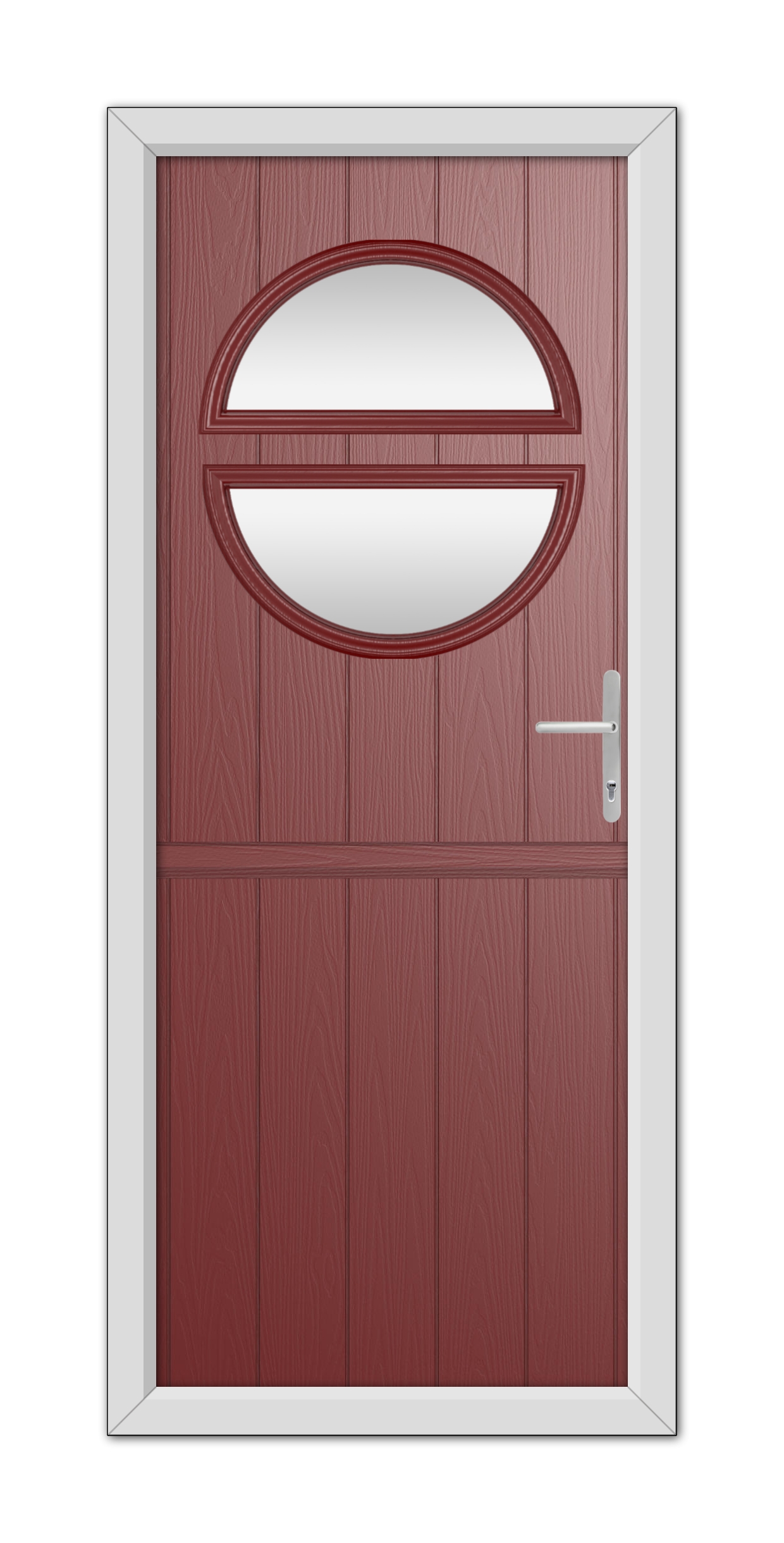 Modern Red Kent Stable Composite Door 48mm Timber Core with an oval glass window at the top and a silver handle, set within a white frame.