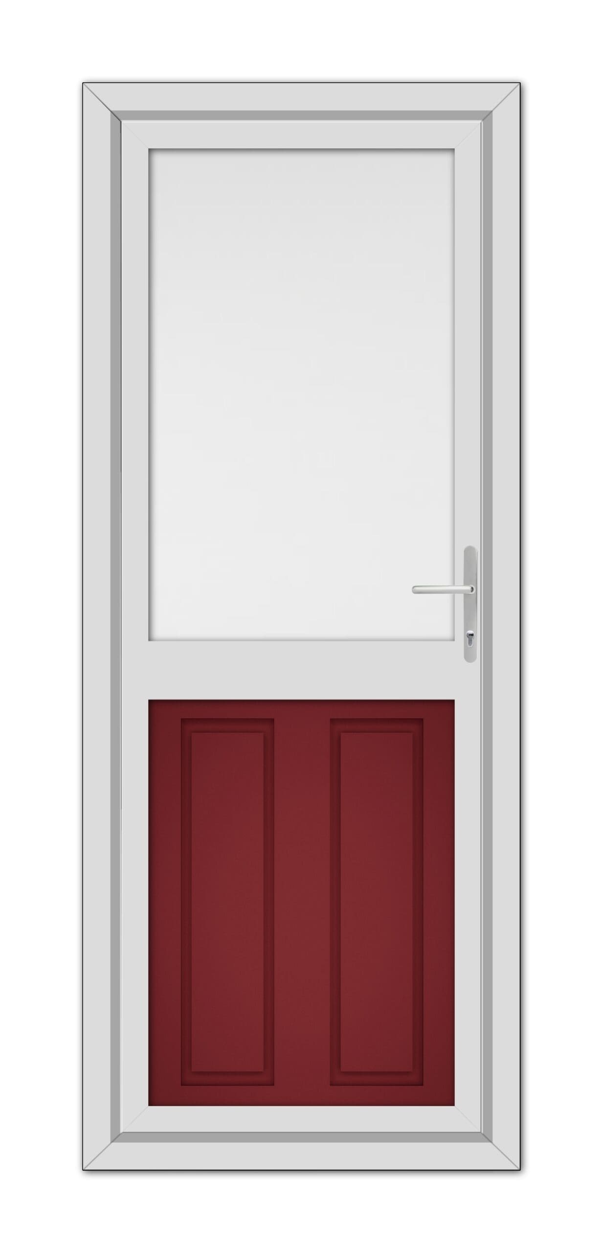 A modern Red Manor Half uPVC Back Door with a small upper window, featuring two lower red panels and a metallic handle on the right side.