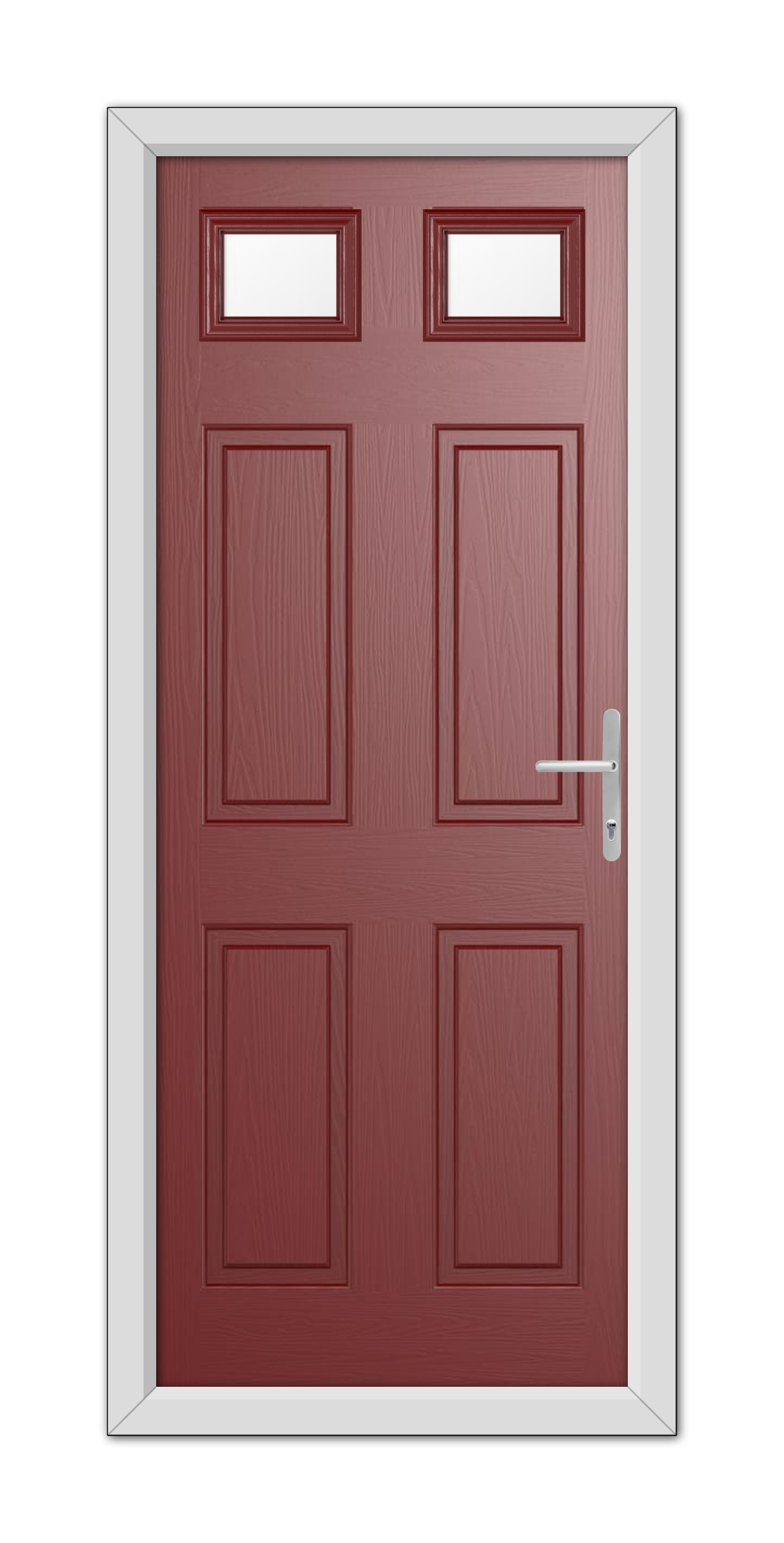 A modern Red Middleton Glazed 2 Composite Door 48mm Timber Core with a white frame, featuring three panels and two small rectangular windows at the top.