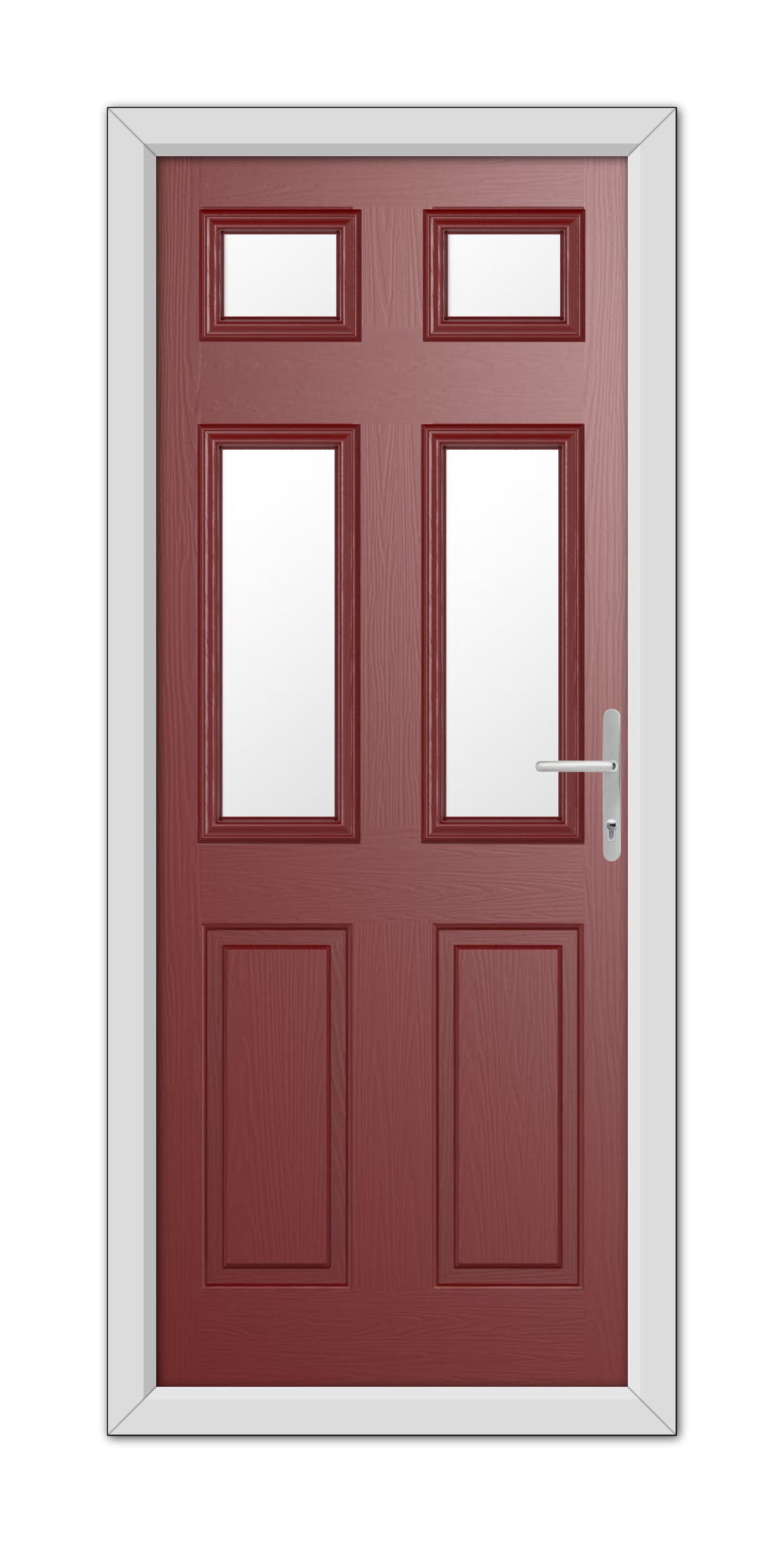 A modern Red Middleton Glazed 4 Composite Door with three glass panels on each door and a white handle on the right door, set in a white frame.
