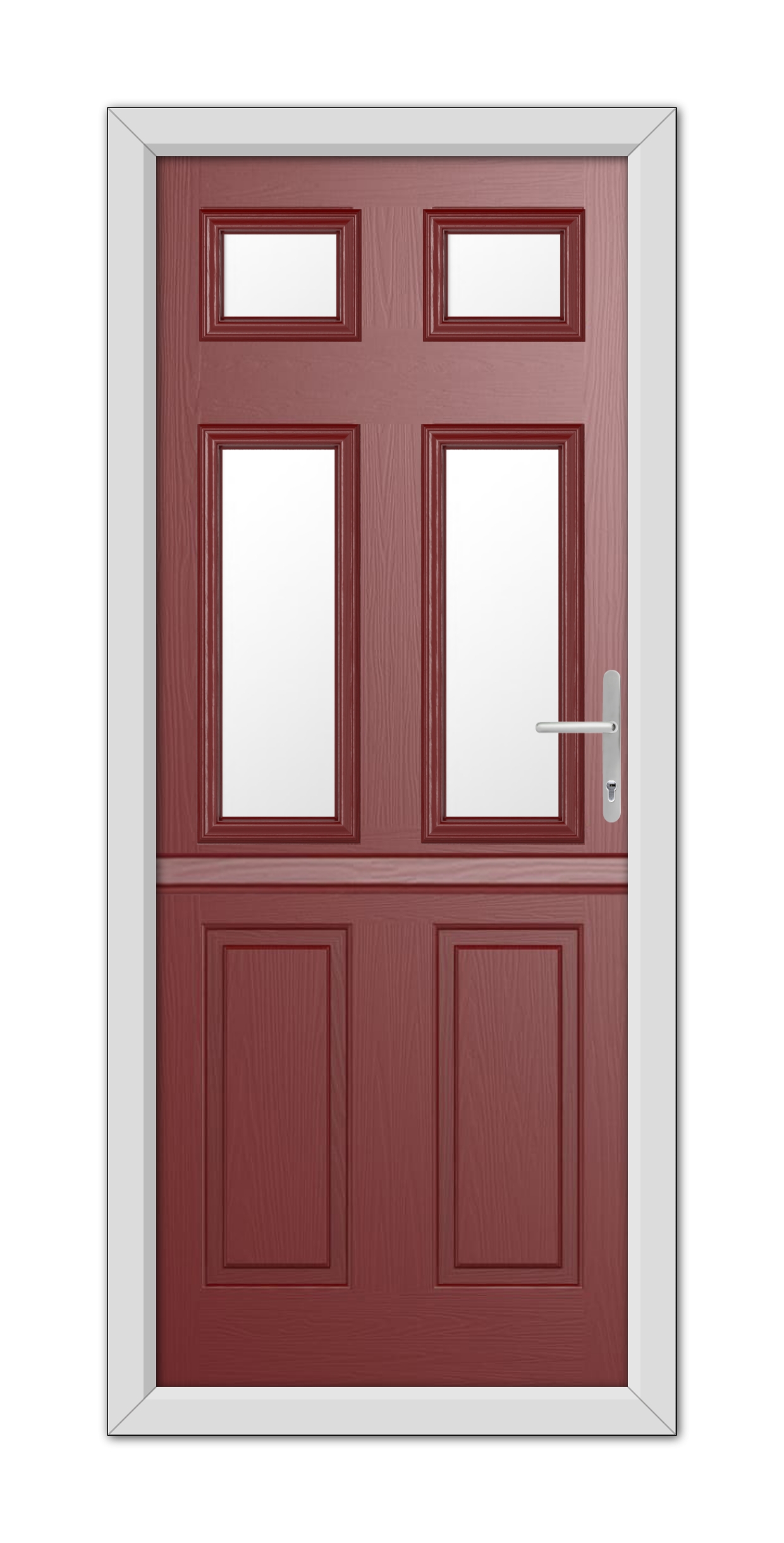 A modern Red Middleton Glazed 4 Stable Composite Door 48mm Timber Core with white trim, featuring top glass panels and a silver handle on the right.