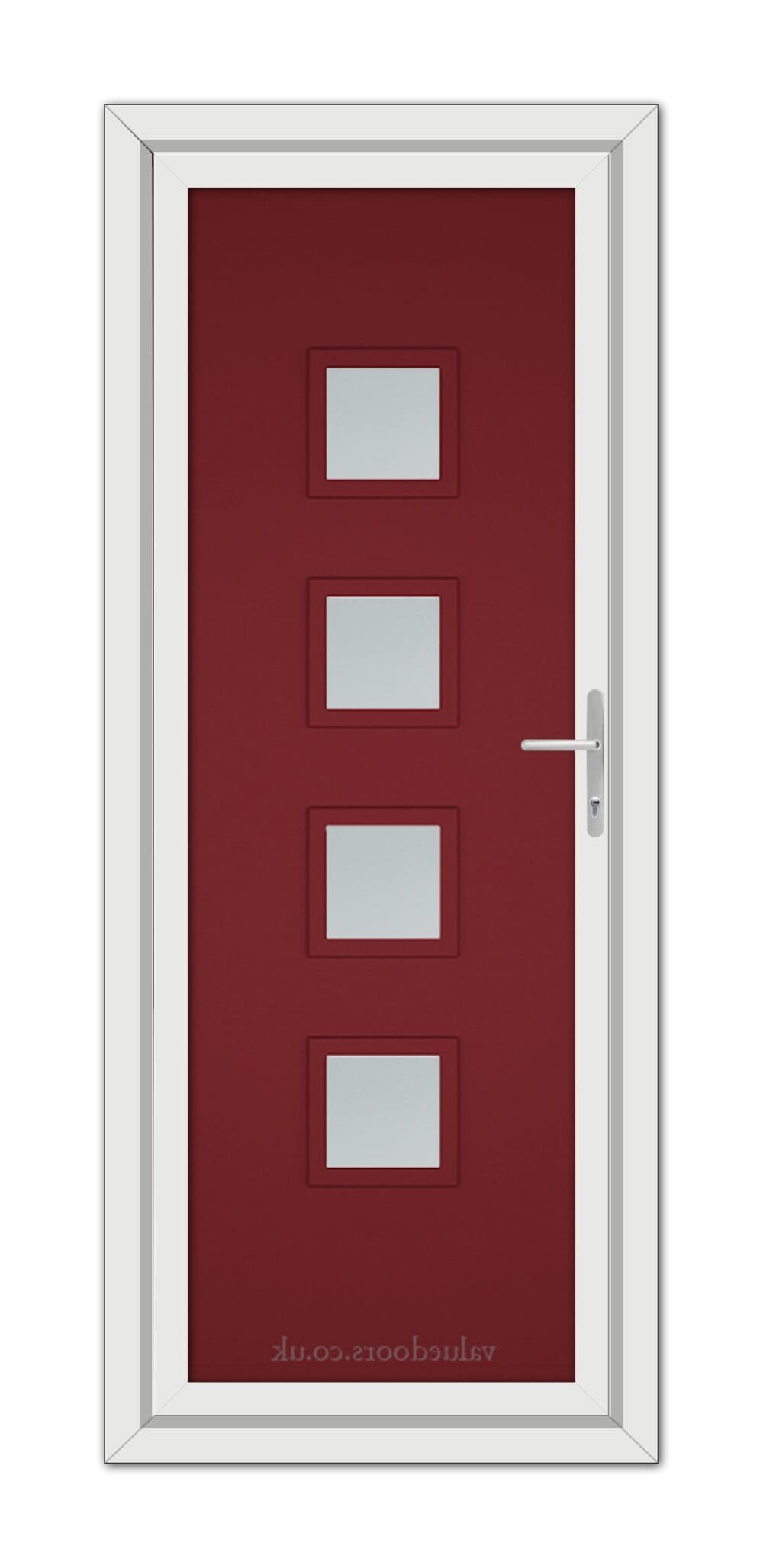 A Red Modern 5034 uPVC door with four rectangular glass panels, a silver handle, and a white frame, viewed from the front.