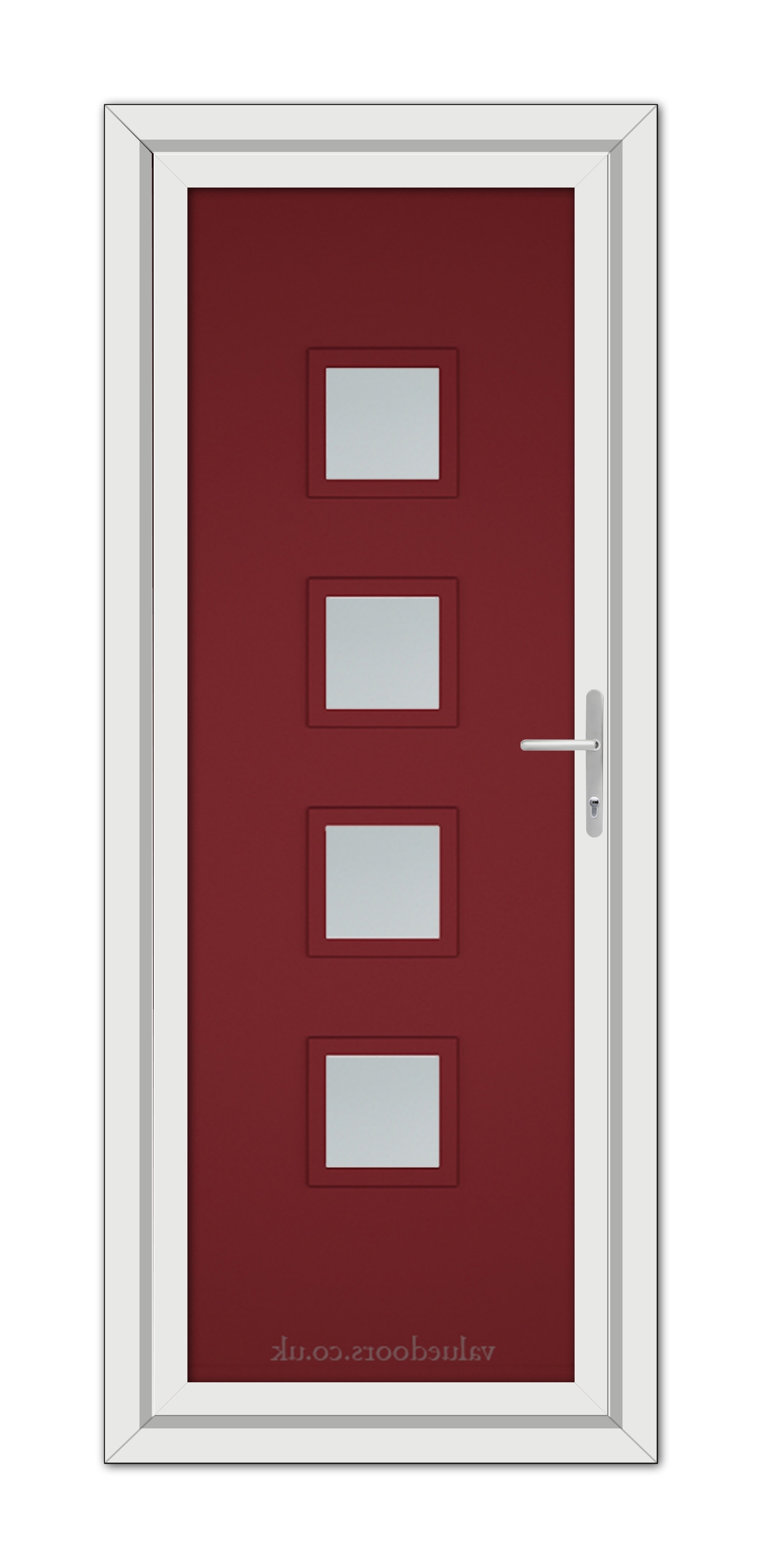 A Red Modern 5034 uPVC door with four rectangular glass panels, a silver handle, and a white frame, viewed from the front.