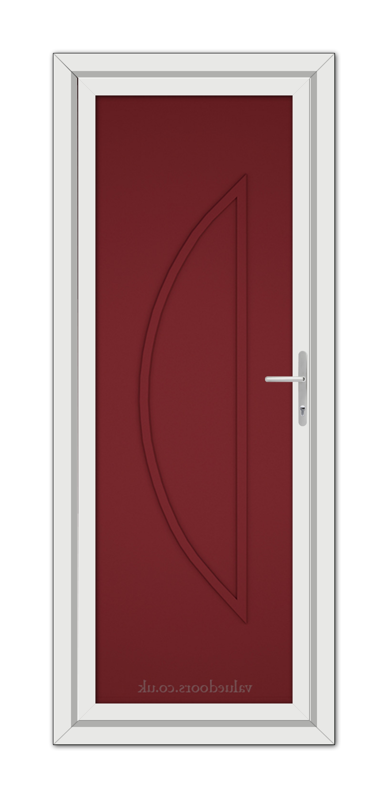 An upright image of a Red Modern 5051 Solid uPVC Door embedded in a white frame, featuring a sleek silver handle on the right side.