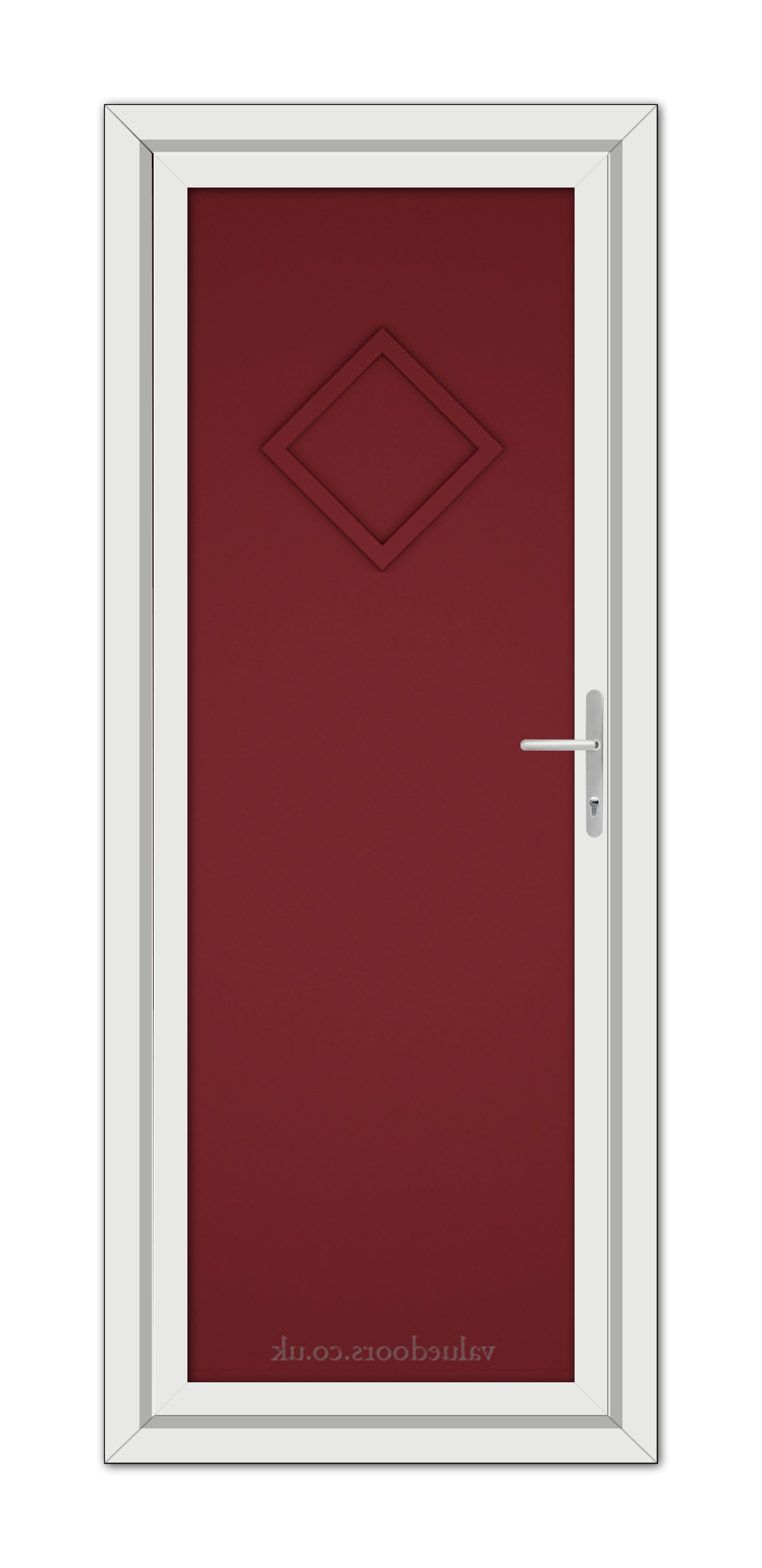 A vertical image of a closed Red Modern 5131 Solid uPVC Door with a diamond-shaped design in the center, framed in white with a silver handle on the right.