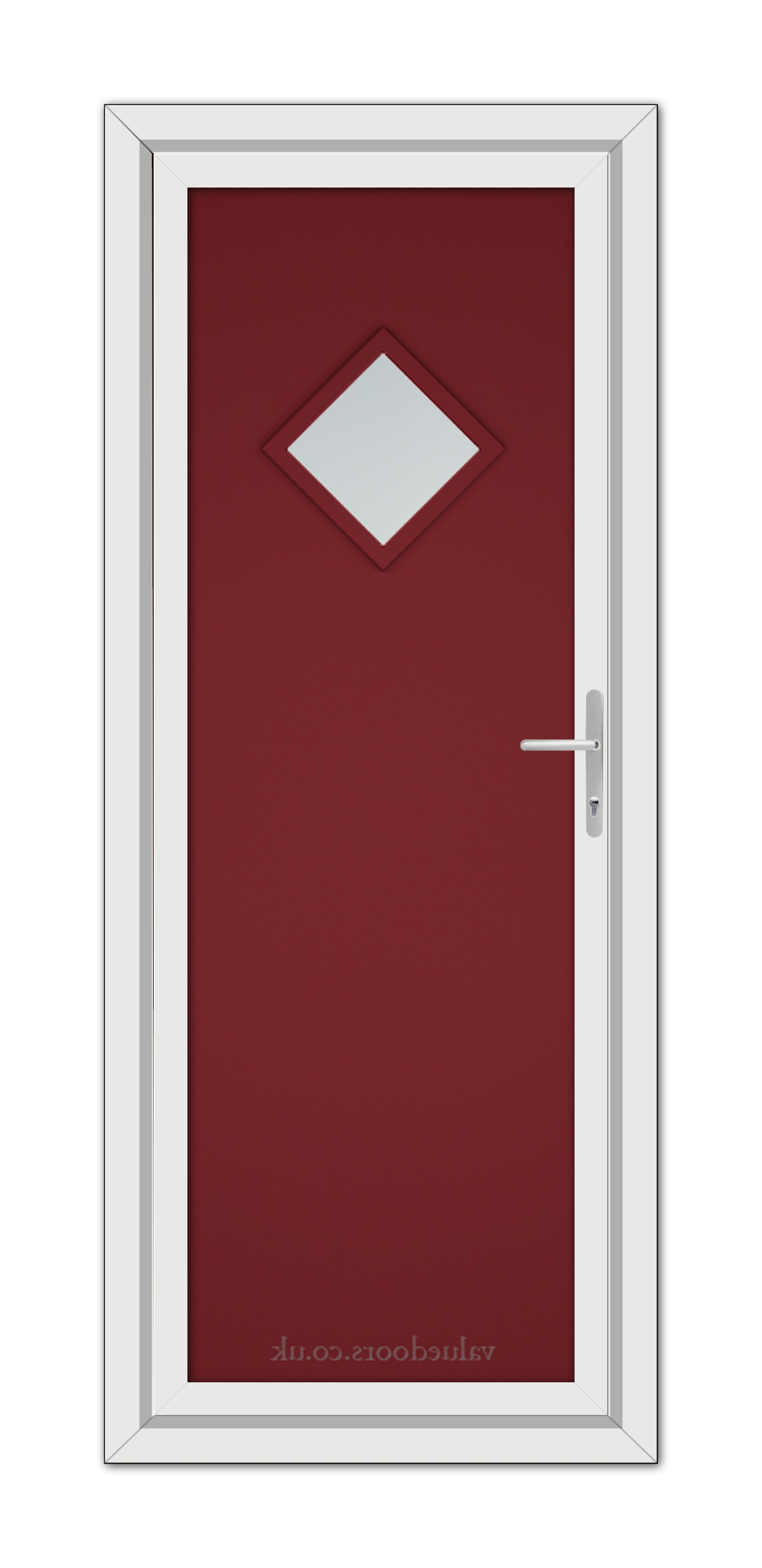 A Red Modern 5131 uPVC door with a diamond-shaped window at the center, encased in a white frame, featuring a modern handle on the right side.