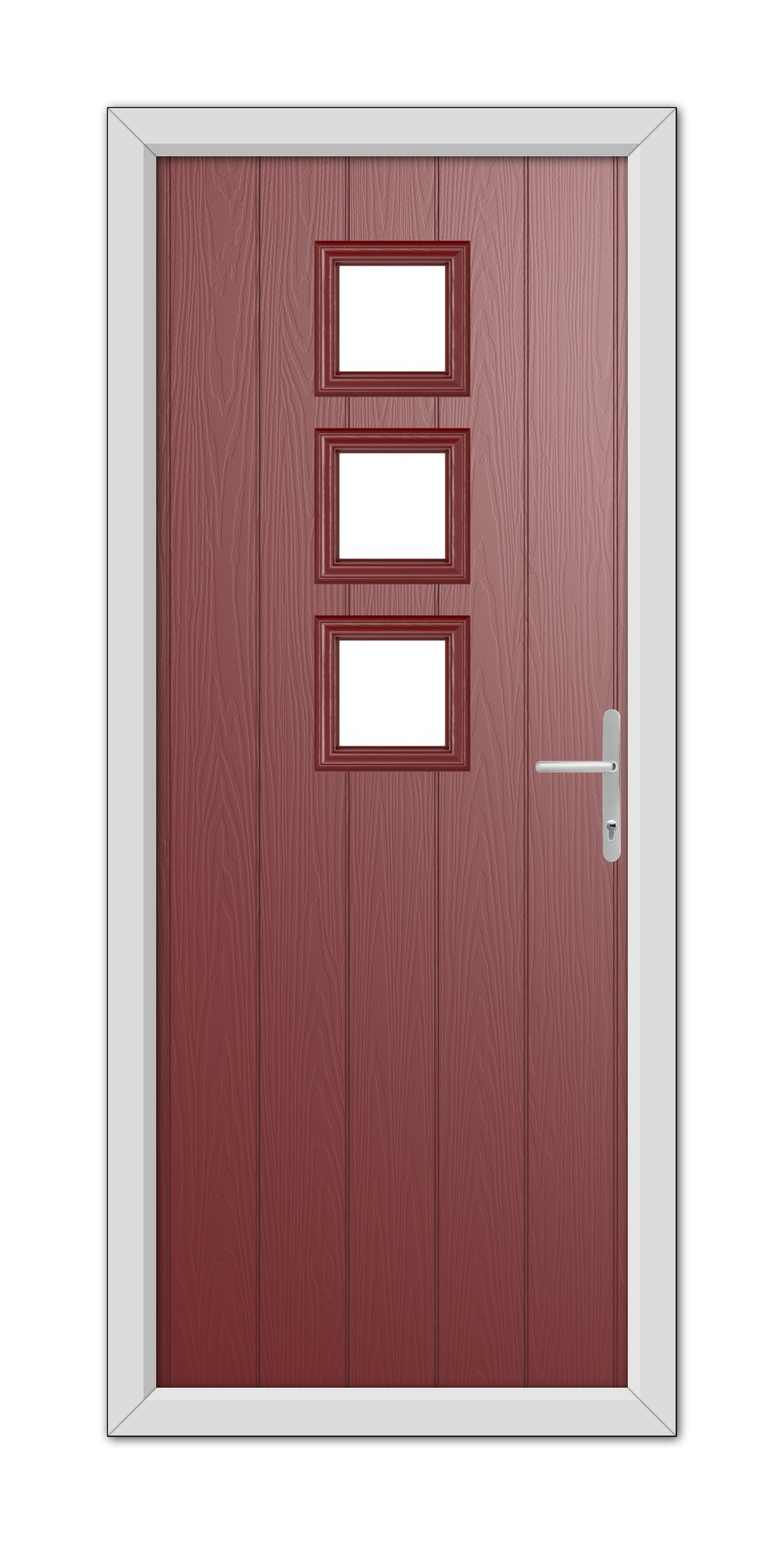 A modern Red Montrose Composite Door 48mm Timber Core with three rectangular glass panels and a silver handle, set in a white frame.