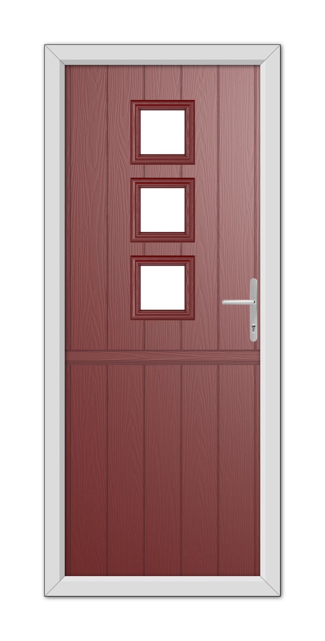 A modern Red Montrose Stable Composite Door 48mm Timber Core with three square glass panels and a metallic handle, set within a white frame.