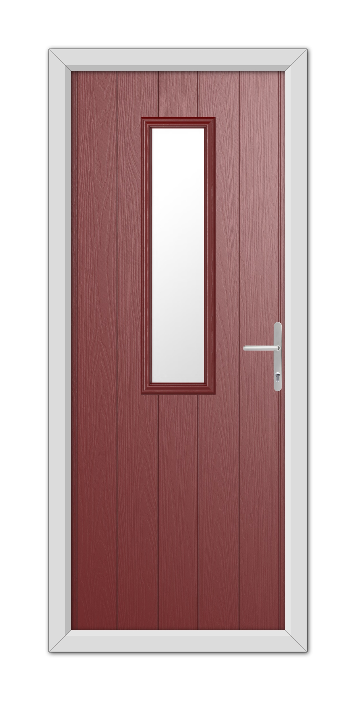 A Red Mowbray Composite Door 48mm Timber Core with a vertical window in the center, framed in white, featuring a modern silver handle on the right.