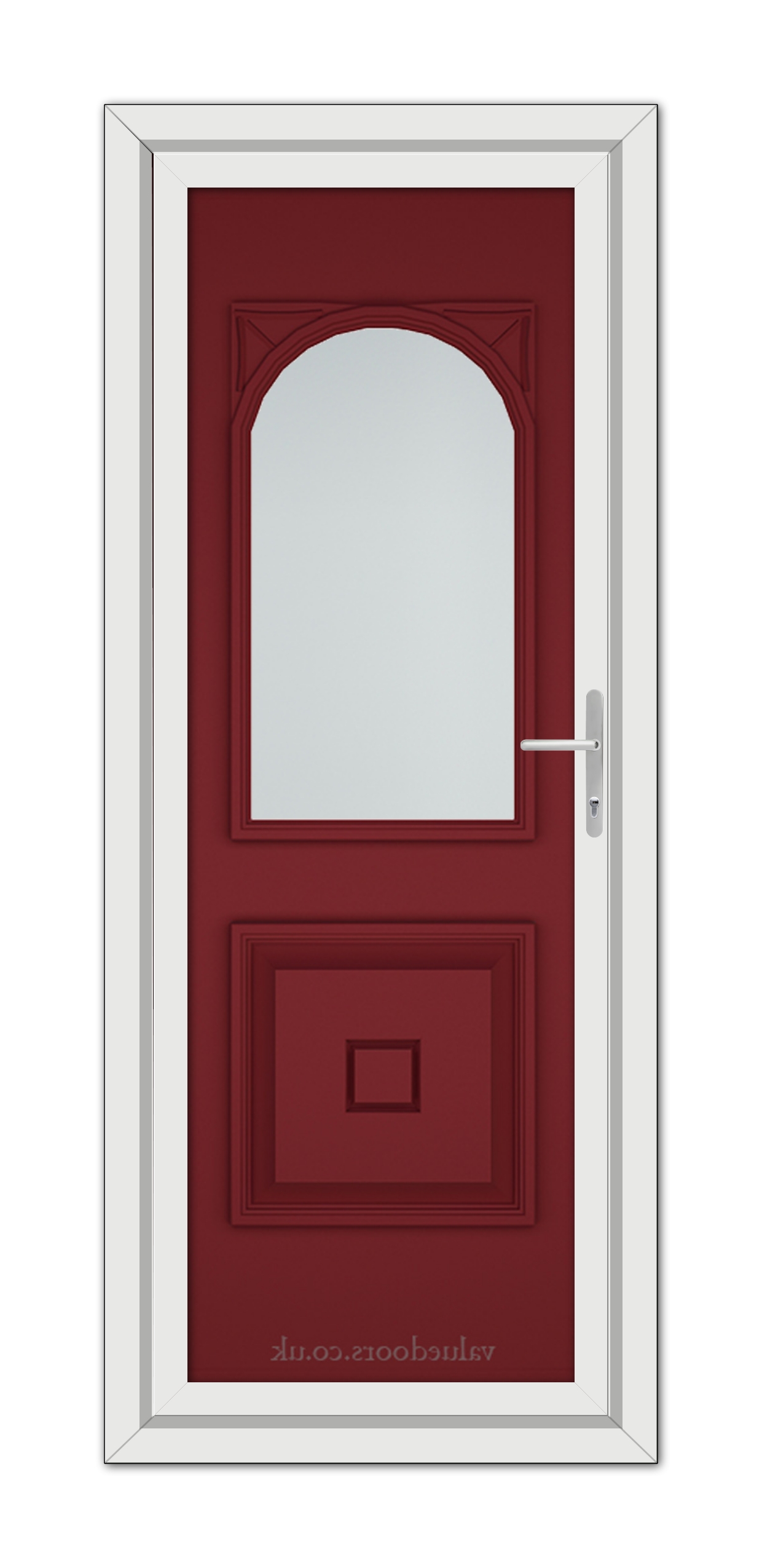 A Red Reims uPVC Door with a vertical window at the top and a metallic handle, set within a white door frame.