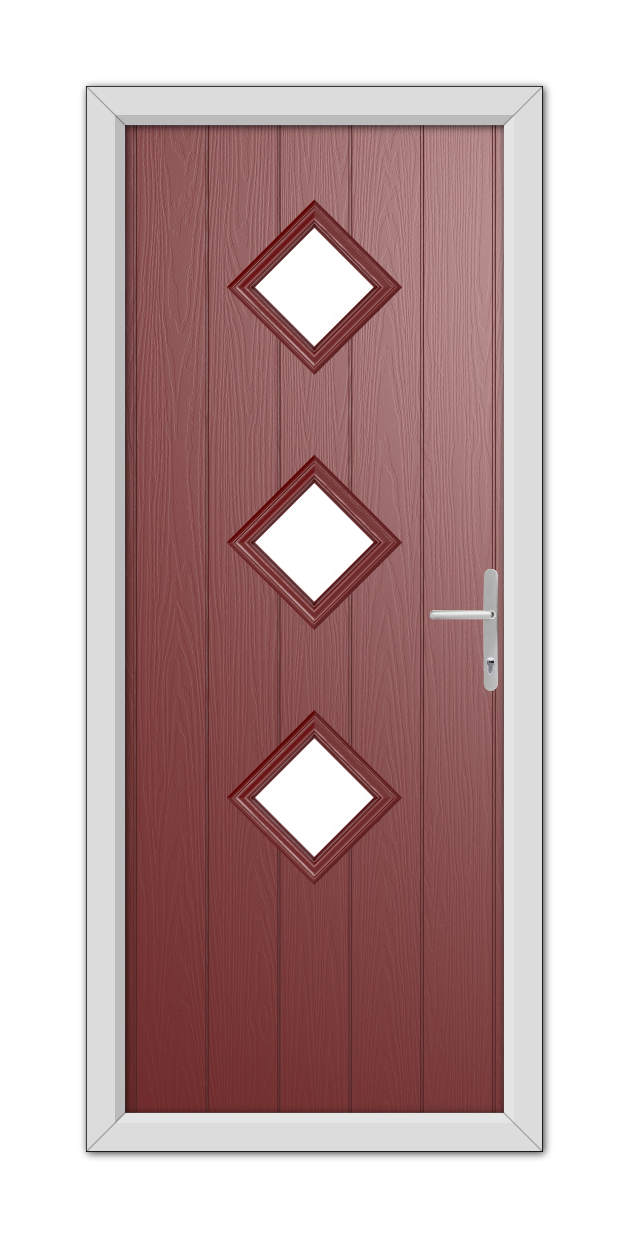 A modern Red Richmond Composite Door 48mm Timber Core with three diamond-shaped windows and a silver handle, set within a white frame.