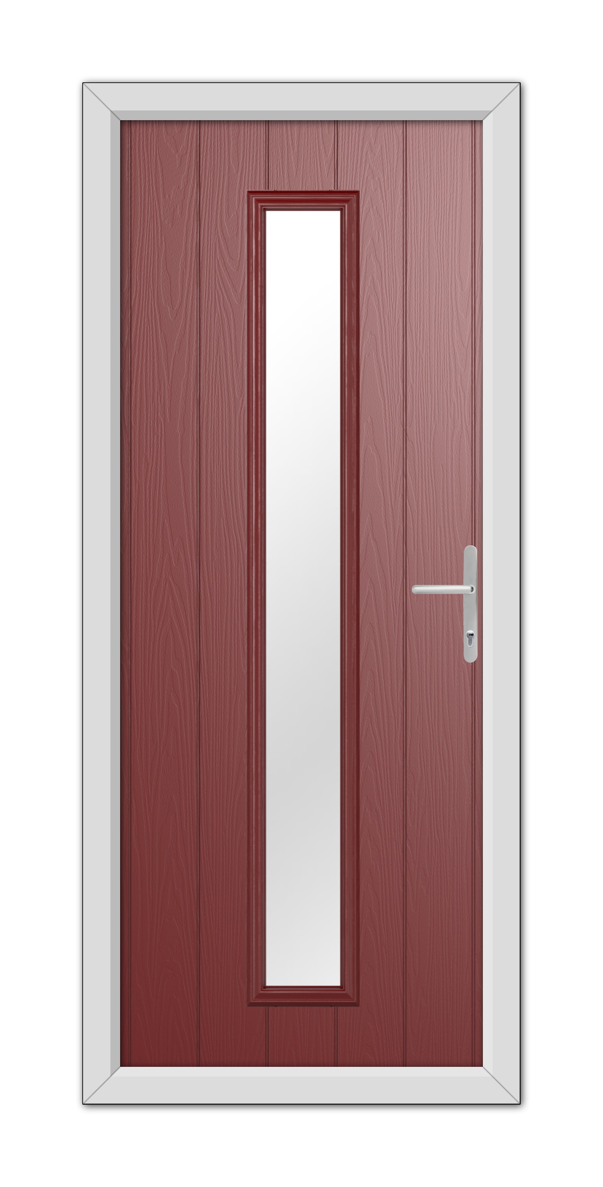 A modern Red Rutland Composite Door 48mm Timber Core with a vertical glass panel and a white metallic handle, set in a gray frame.