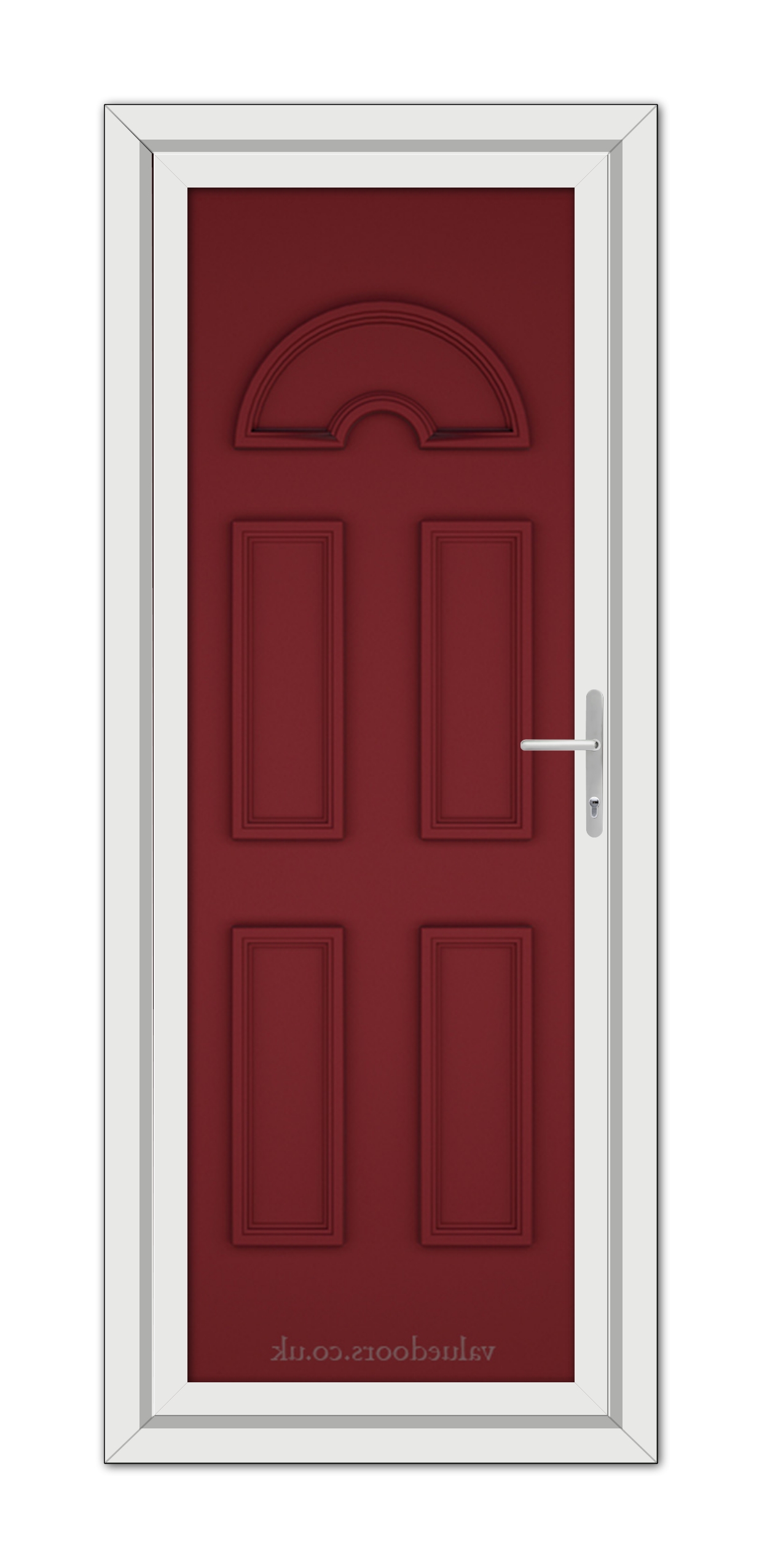 A closed Red Sandringham Solid uPVC Door with a semi-circular window at the top, surrounded by a white frame, featuring a metallic handle on the right side.