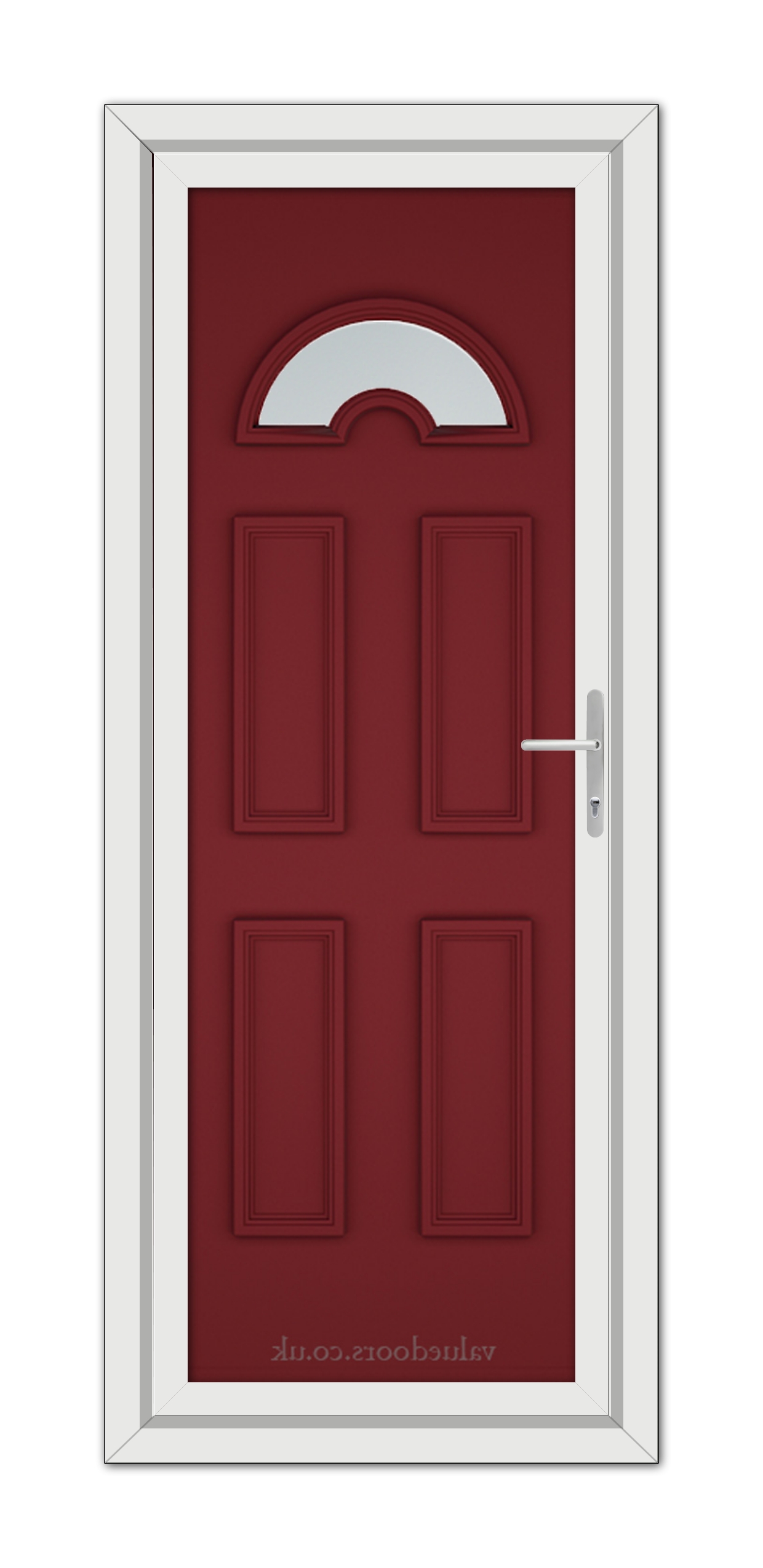Red Sandringham uPVC door with a white frame, featuring a semi-circular transom window and a modern handle.