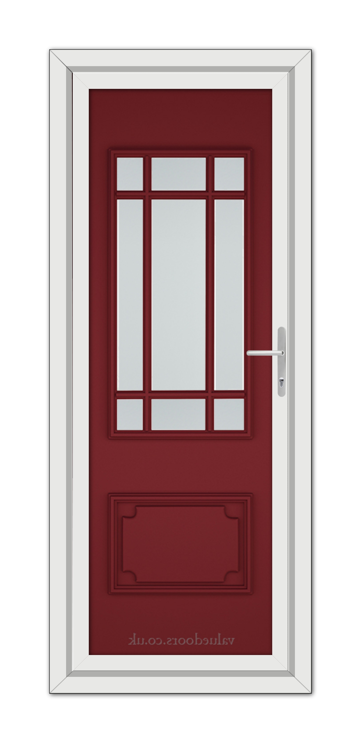 A vertical image of a closed, Red Seville uPVC Door with a white frame, featuring a rectangular glass panel with white grids at the top.