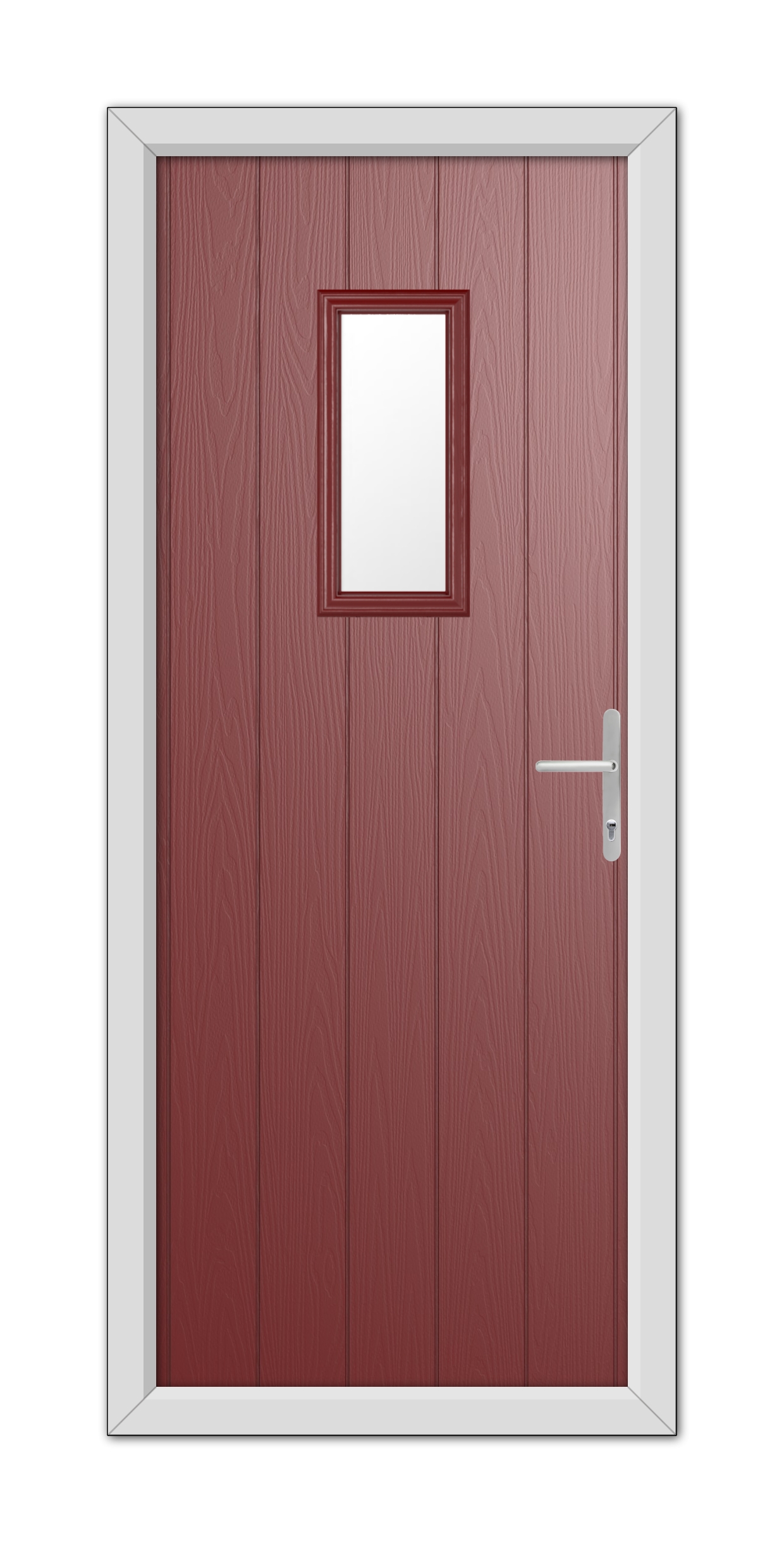 A modern Red Somerset Composite Door 48mm Timber Core with a white frame, featuring a square window at the center and a silver handle on the right.