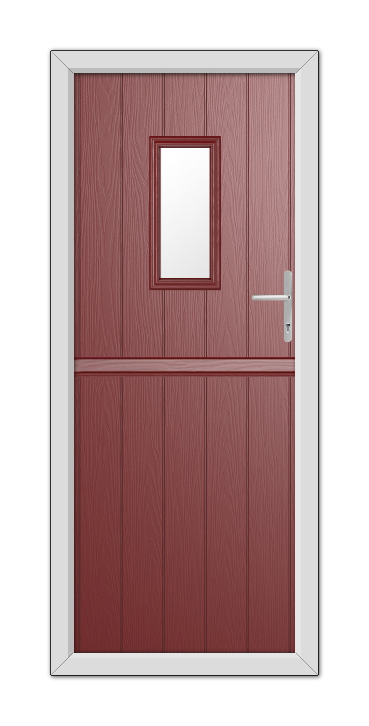 A modern Red Somerset Stable Composite Door 48mm Timber Core with a small square window, framed in a white door frame, and equipped with a metallic handle on the right side.