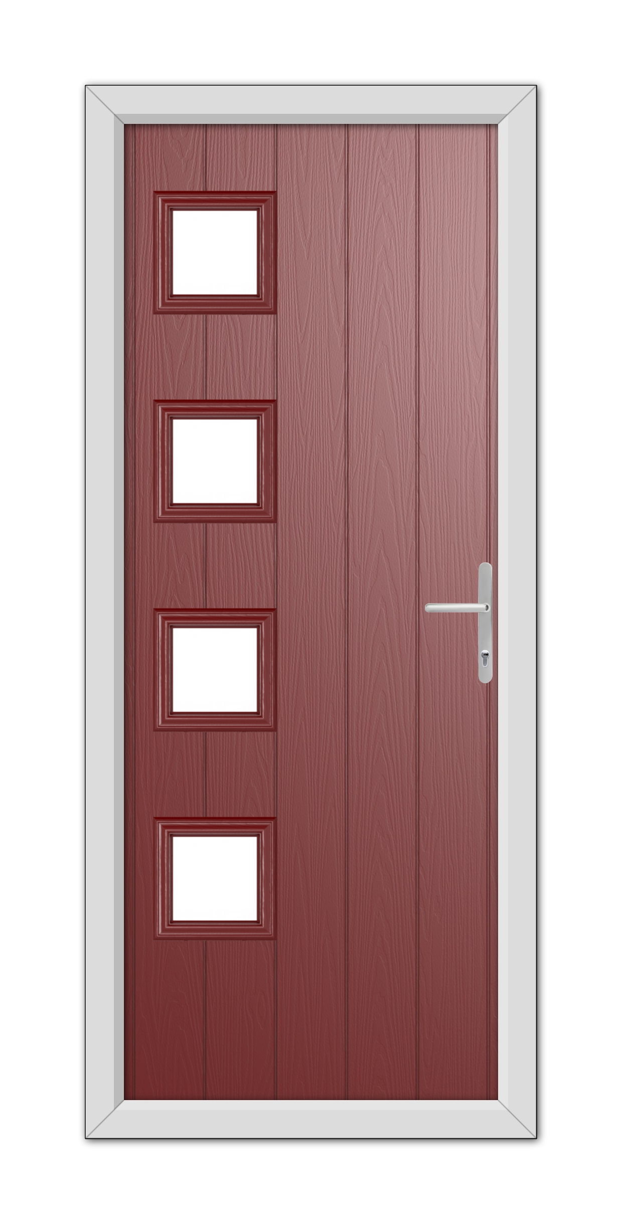 A contemporary Red Sussex Composite Door 48mm Timber Core featuring four rectangular windows and a modern handle, set within a white frame.