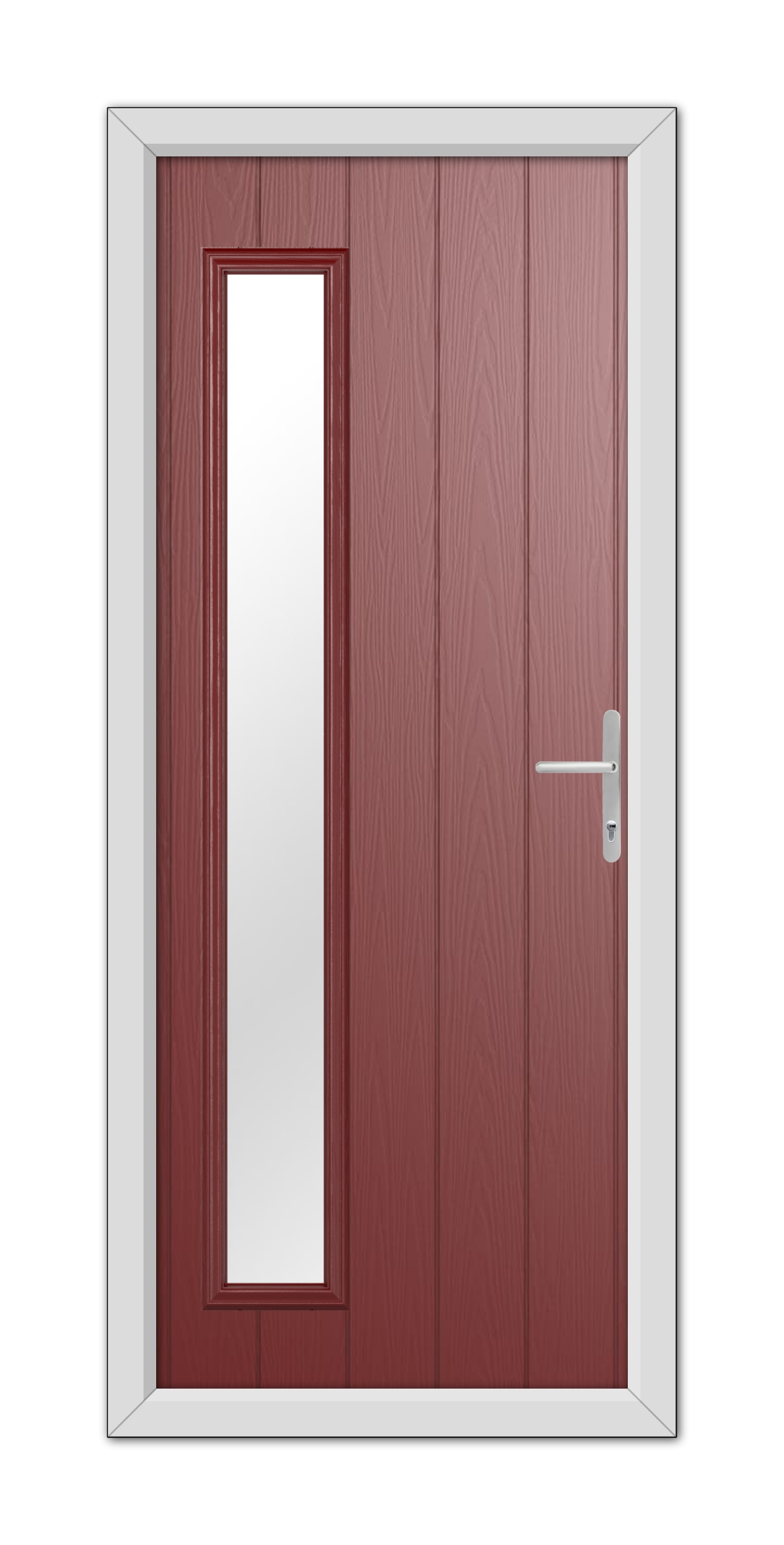 A modern Red Sutherland Composite Door 48mm Timber Core with a vertical glass panel and a white metal handle, set within a white frame.