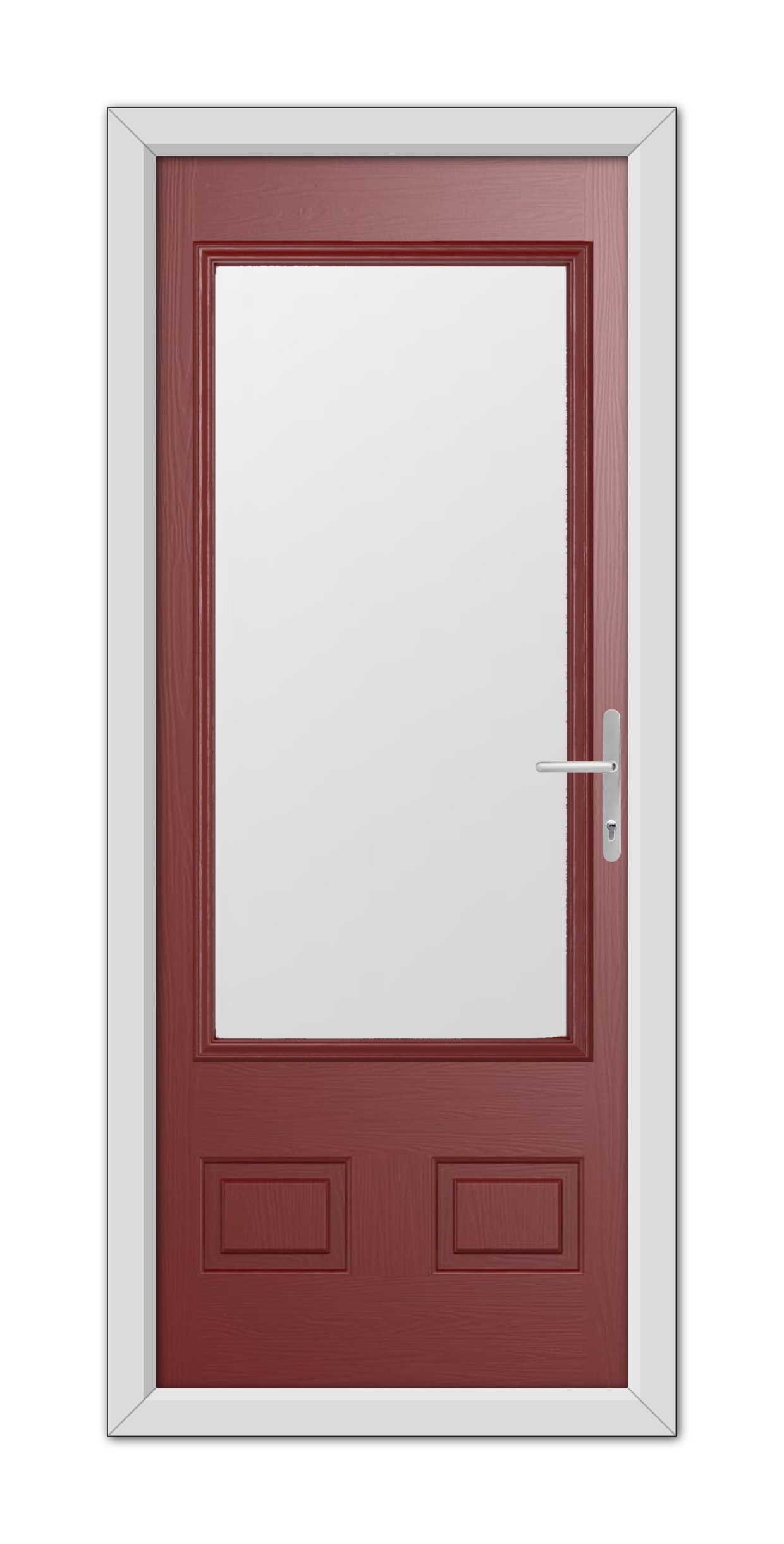A standard closed red Walcot Composite Door 48mm Timber Core with a white panel, set within a white frame, featuring a metallic handle on the right side.