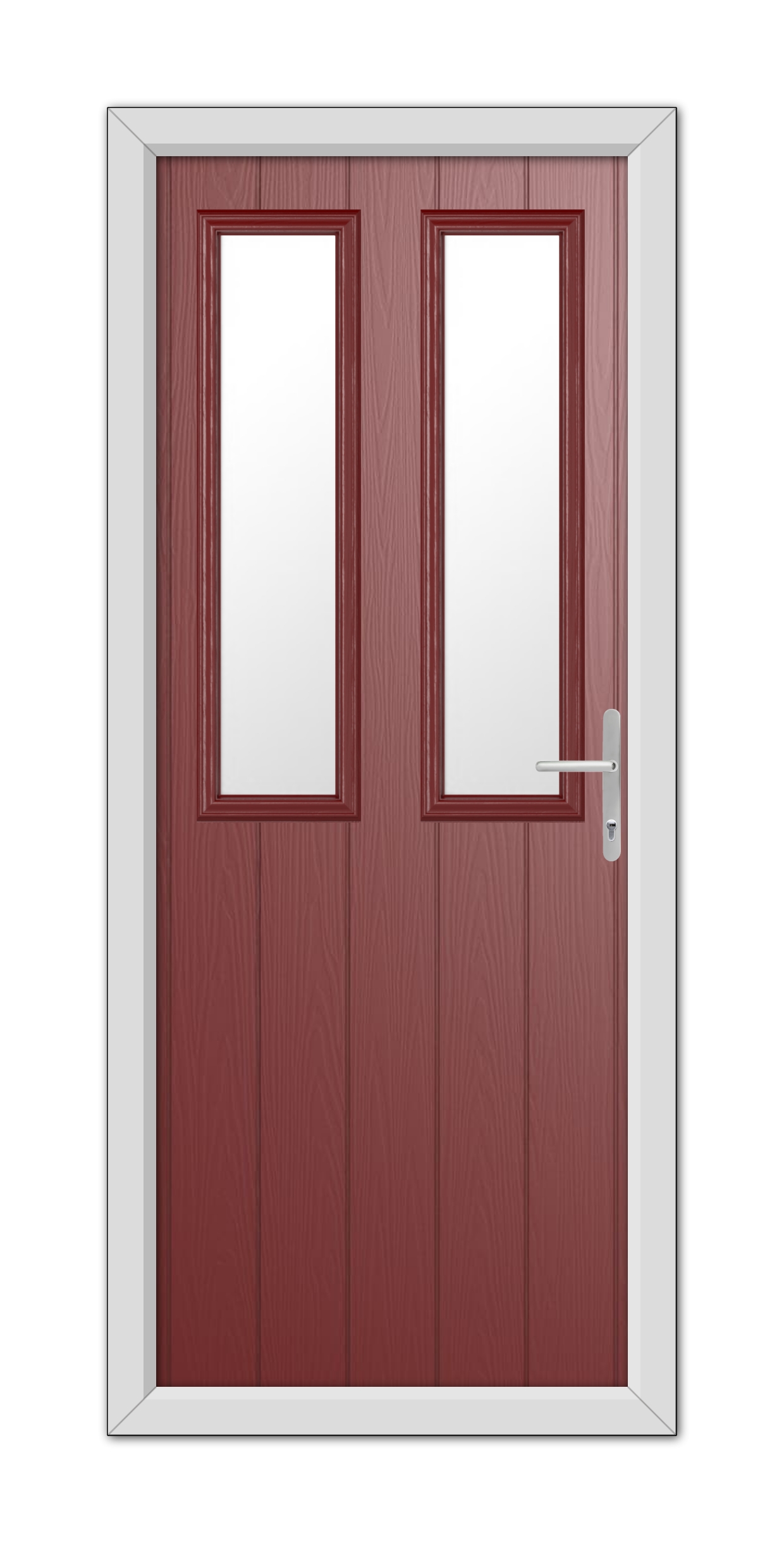 Red Wellington Composite Door 48mm Timber Core with glass windows and a white handle, set in a gray frame.