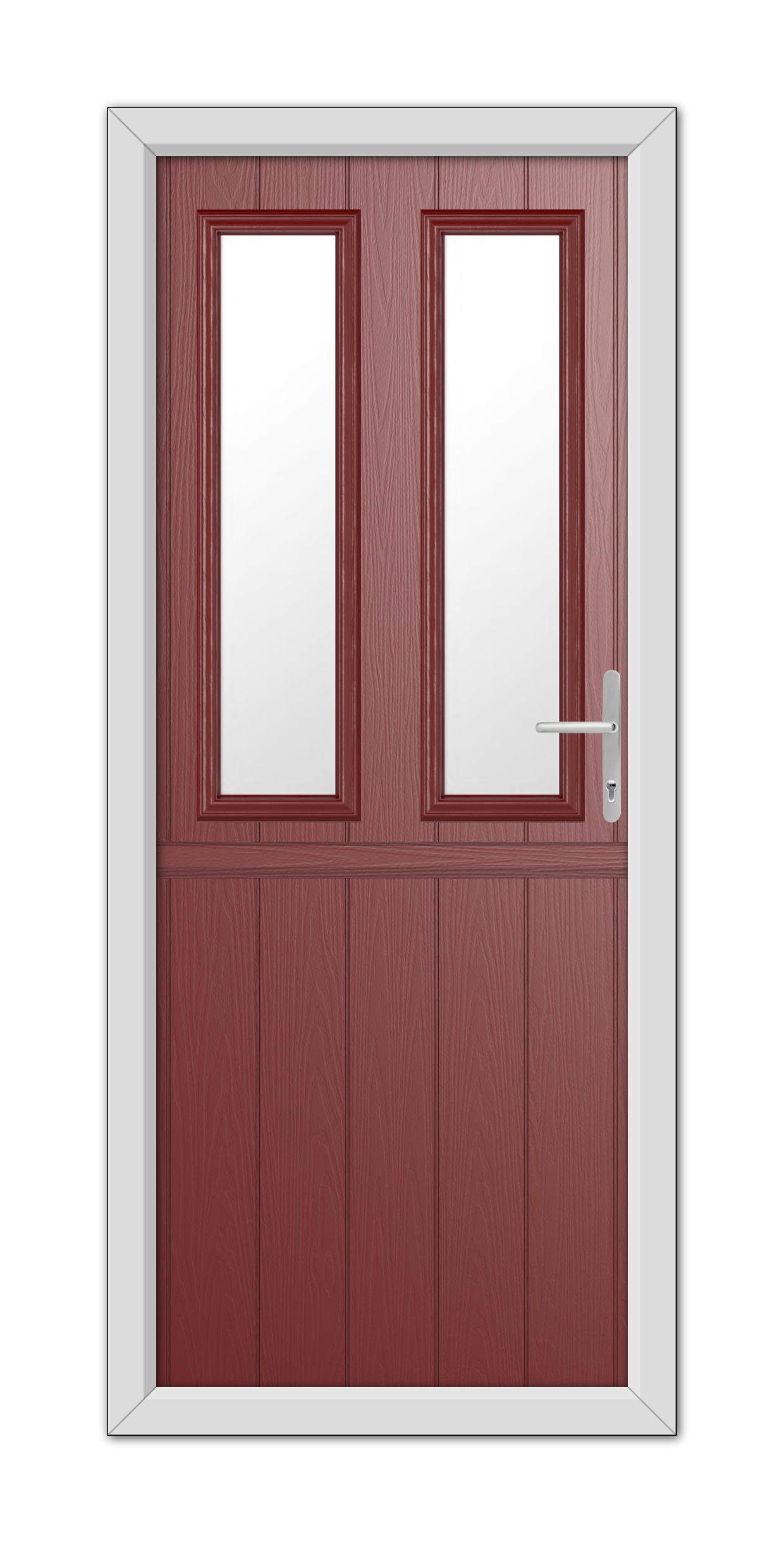 A modern Red Wellington Stable Composite Door 48mm Timber Core in a mahogany finish, featuring two vertical glass panels and a metallic handle, set in a white frame.