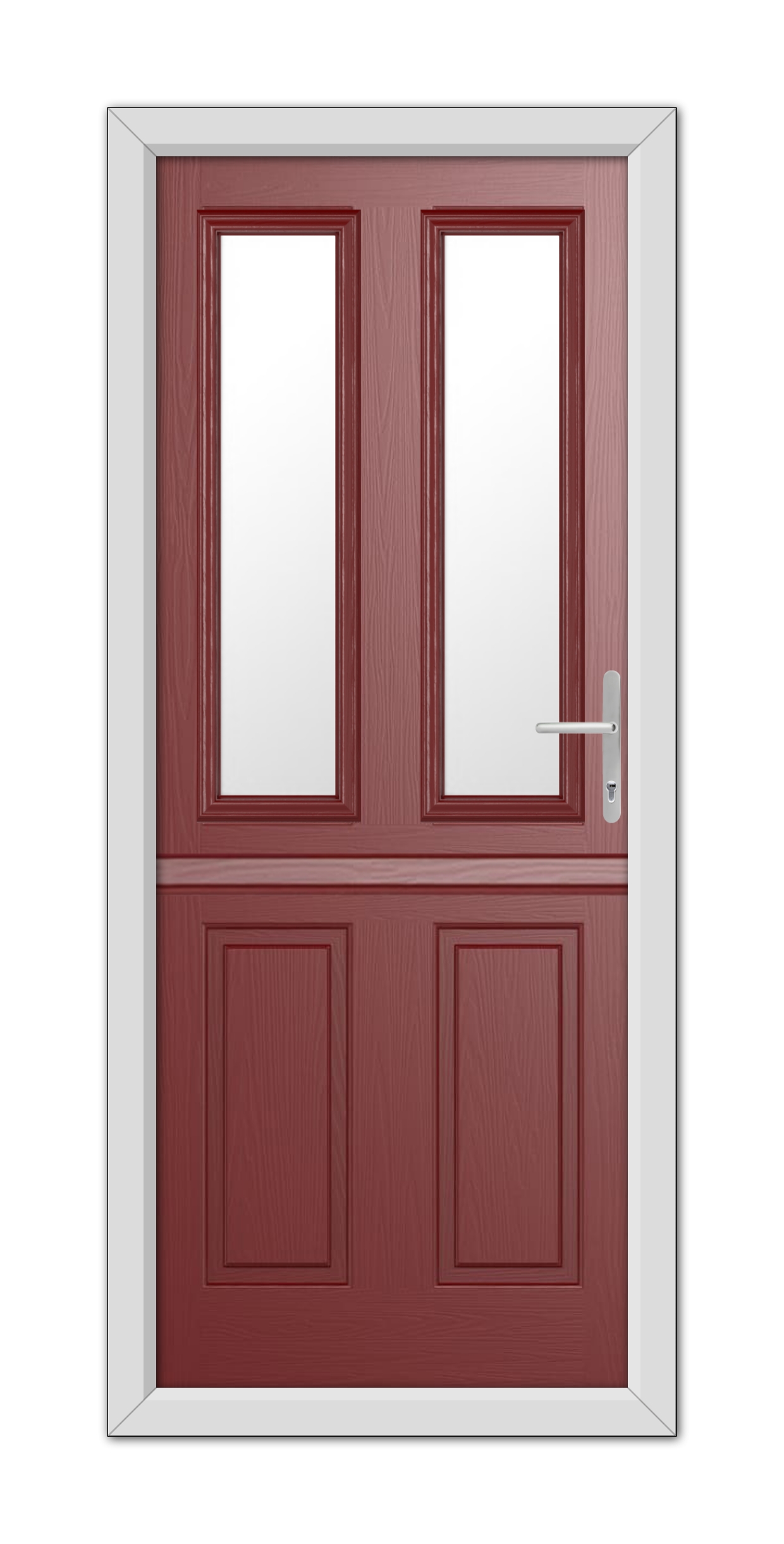 A modern Red Whitmore Stable Composite Door 48mm Timber Core with white rectangular panels and a silver handle, set in a white frame, isolated on a white background.