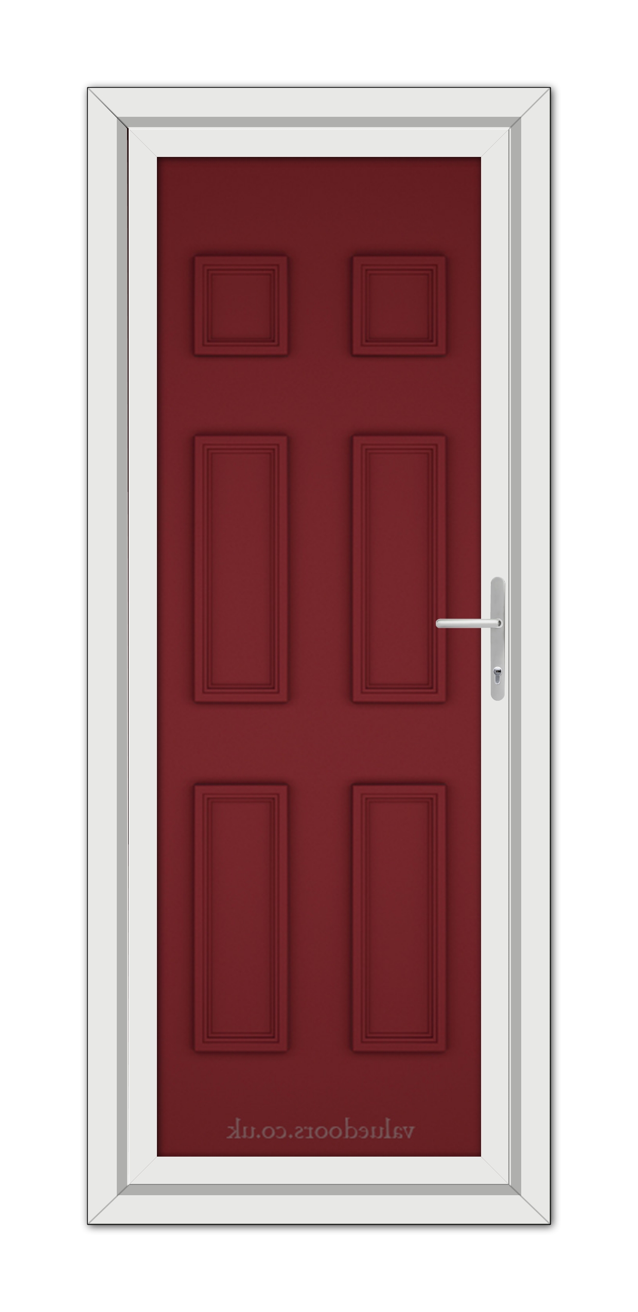 A vertical image of a closed Red Windsor Solid uPVC Door with six panels, framed in white, featuring a silver handle on the right side.