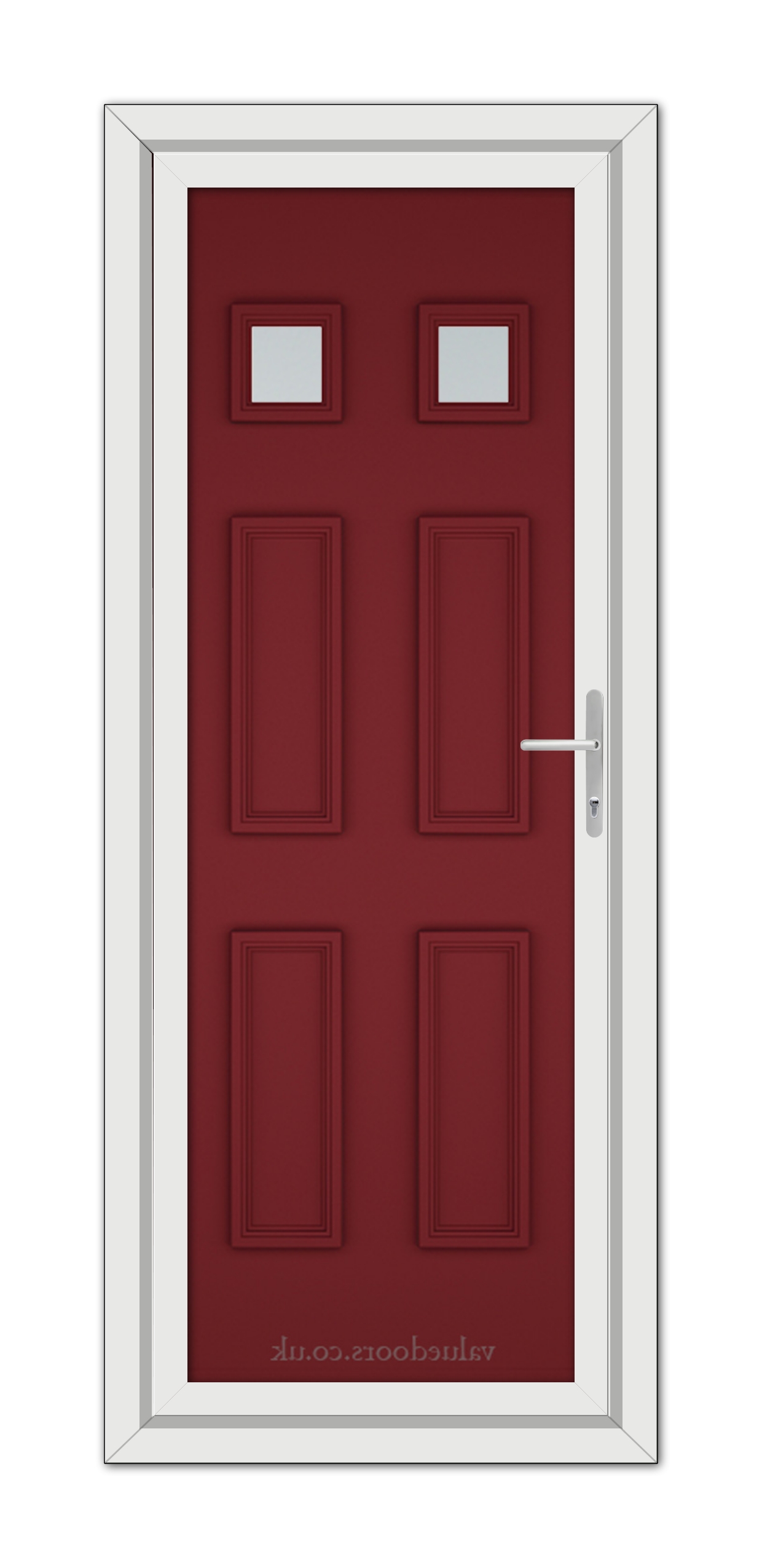 Red Windsor uPVC Door with two small square windows at the top and a silver handle, set within a white door frame.