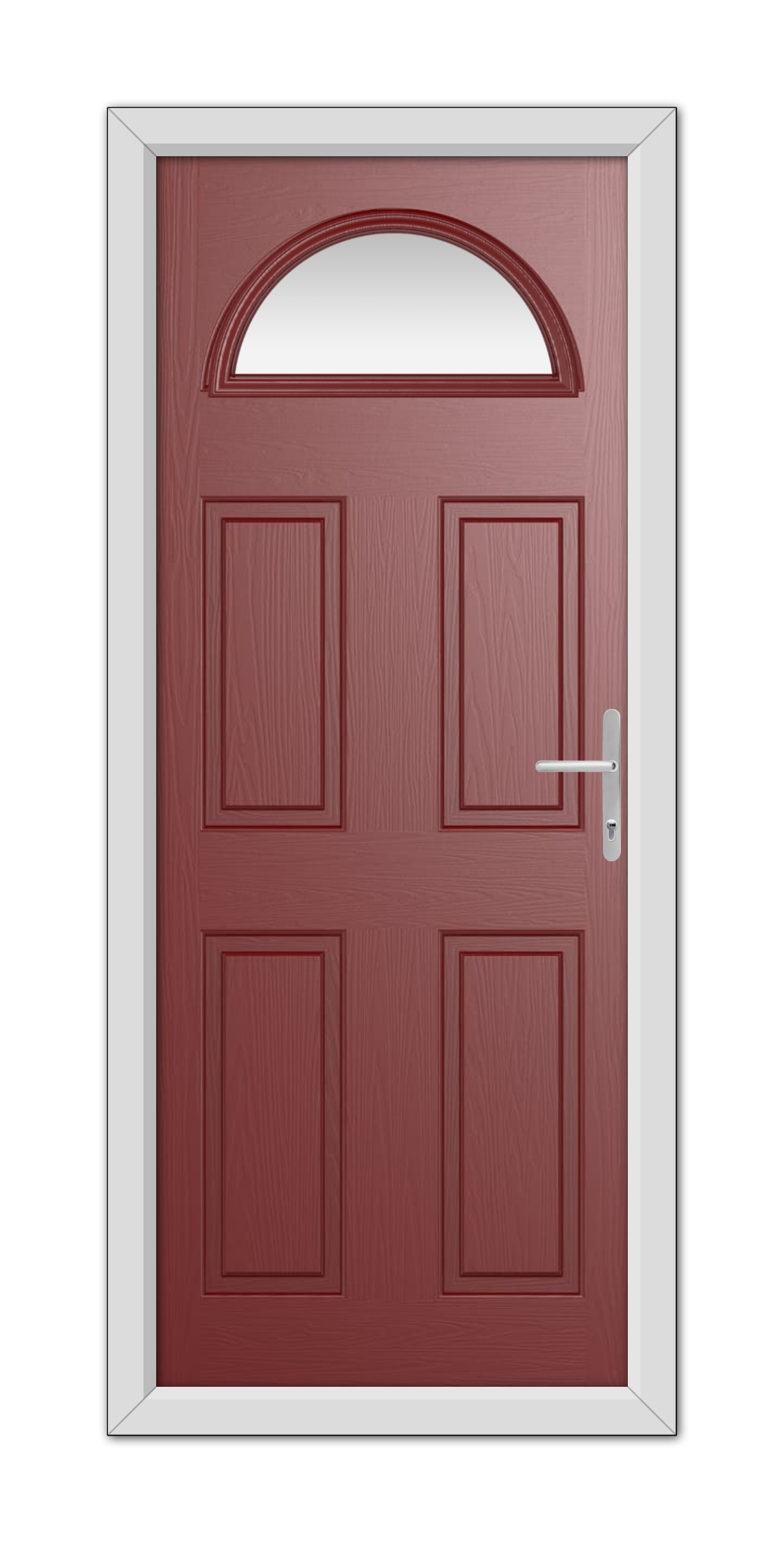 A Red Winslow 1 Composite Door 48mm Timber Core with six panels and a semi-circular window at the top, set in a white frame, featuring a silver handle on the right side.
