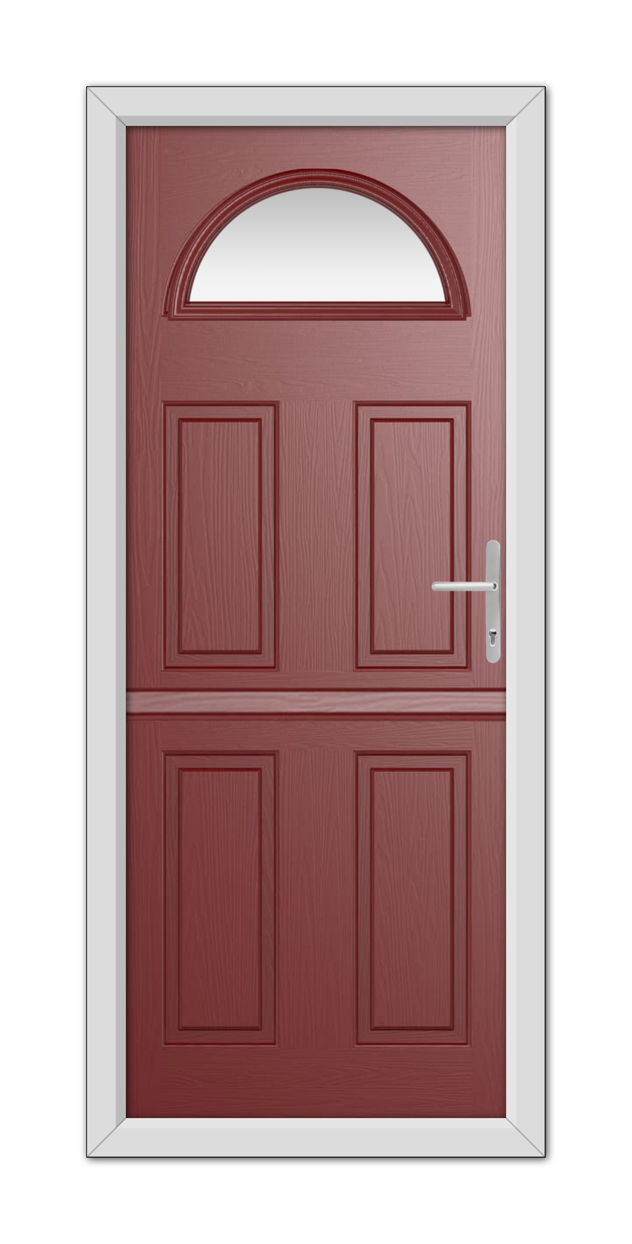 A closed Red Winslow 1 Stable Composite Door 48mm Timber Core with an arch top, featuring a silver handle, set within a white door frame.