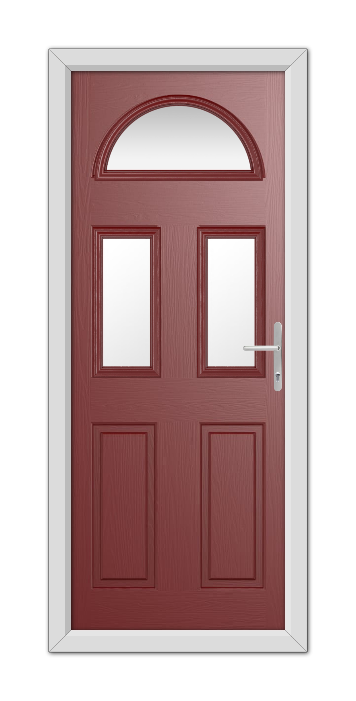 A Red Winslow 3 Composite Door 48mm Timber Core with an arched window at the top and two rectangular windows, one on each door panel, framed in white with a modern handle.
