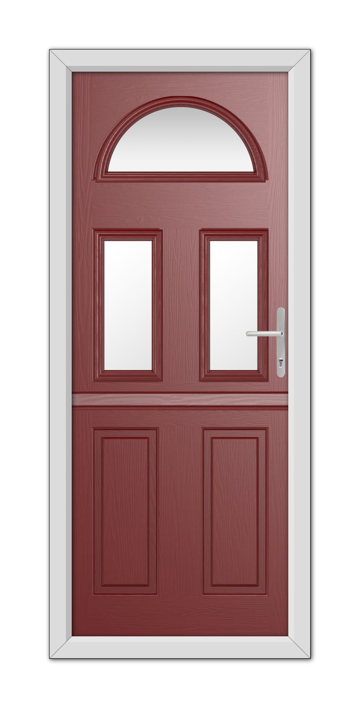 A modern Red Winslow 3 Stable Composite Door 48mm Timber Core featuring an arched window at the top, two rectangular windows with white trim in each door panel, and a silver handle on the right side.