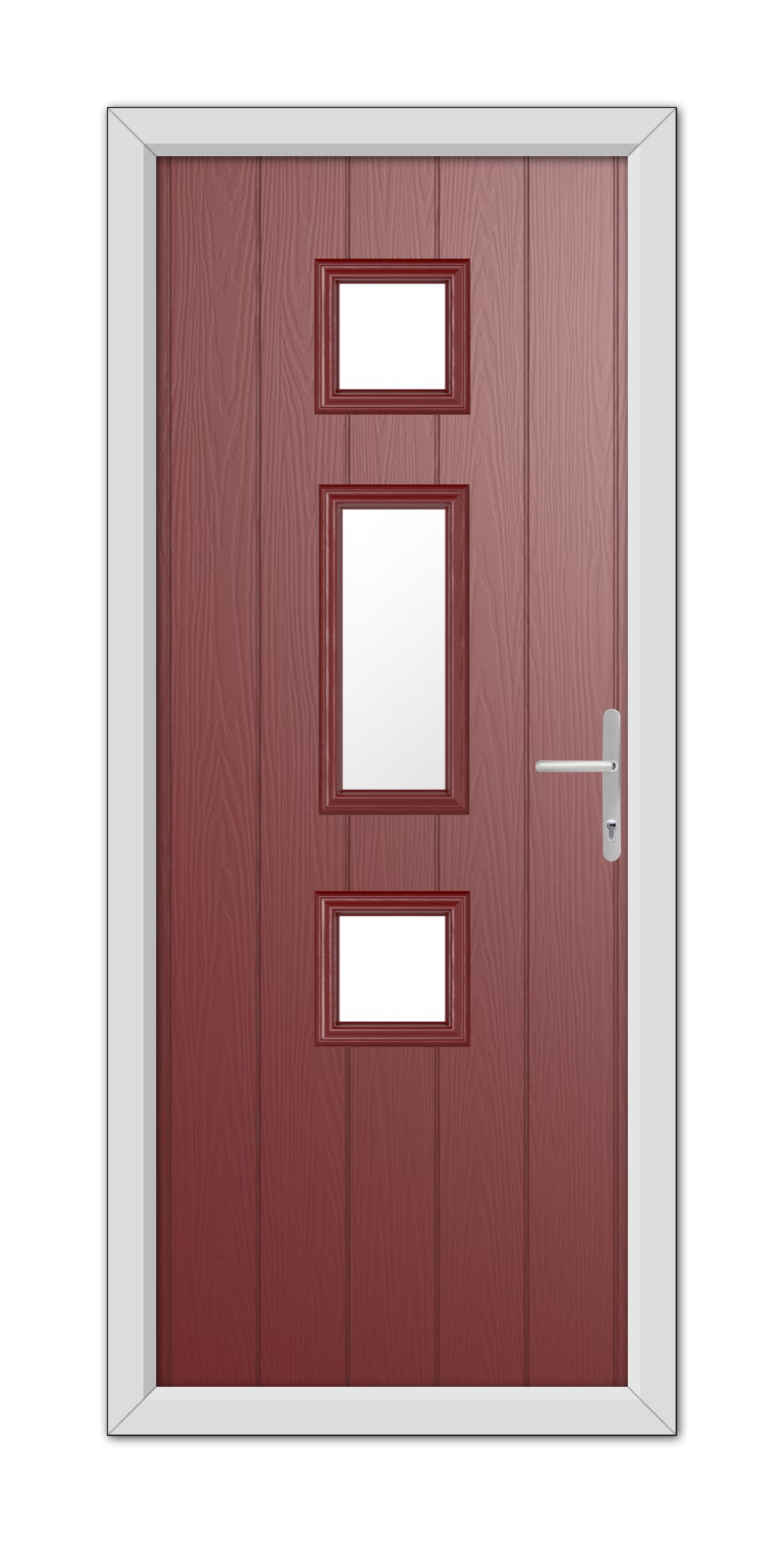 A modern Red York Composite Door 48mm Timber Core with three vertical glass panels and a silver handle, set in a white frame.