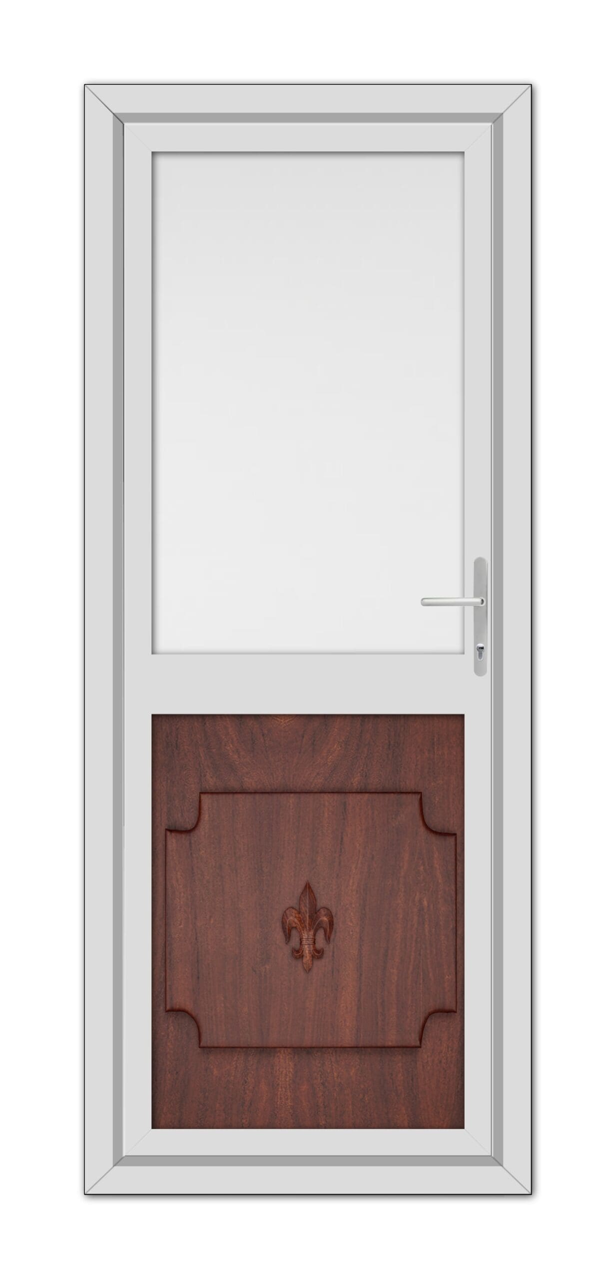 A modern Rosewood Abbey Half uPVC Back Door featuring a white frame, upper glass panel, and lower wooden panel with a decorative carving, equipped with a silver handle.
