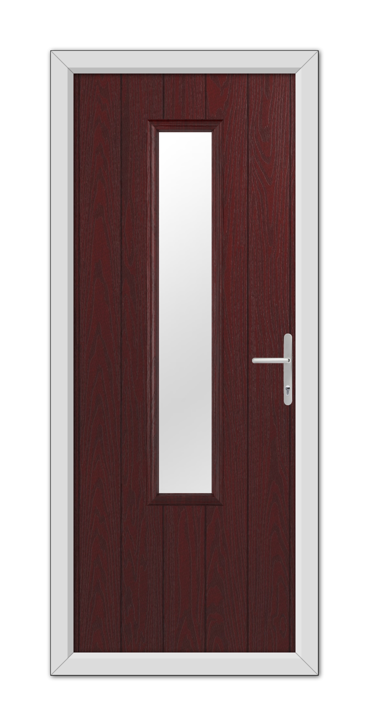 A modern Rosewood Abercorn Composite Door 48mm Timber Core with a vertical rectangular glass panel and a silver handle, set within a white frame.