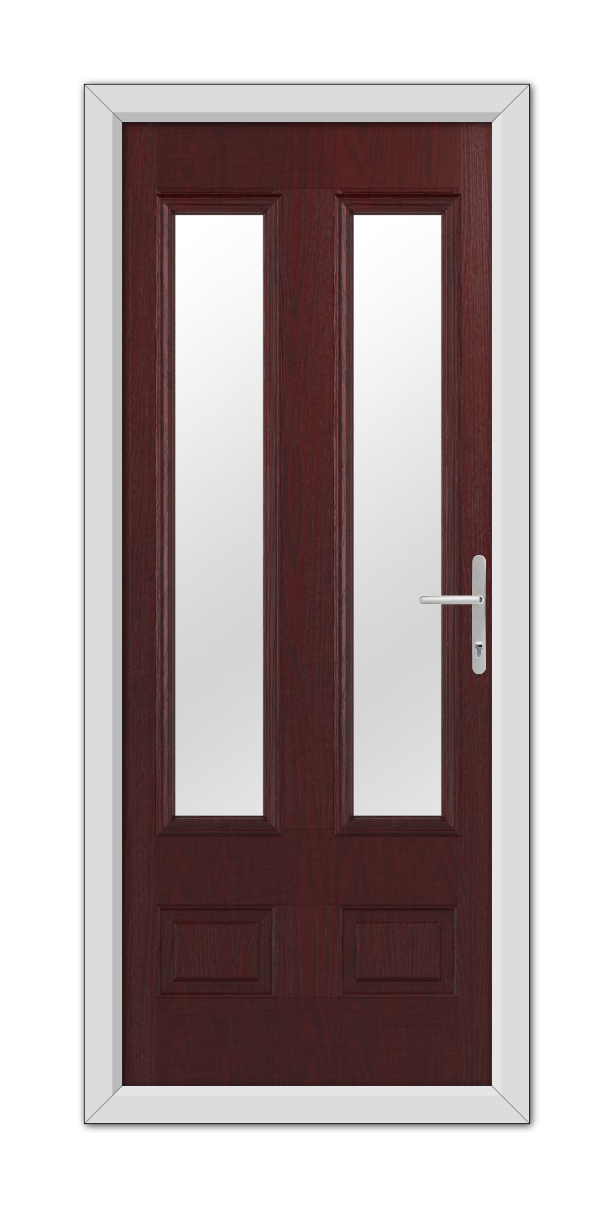 A modern Rosewood Aston Glazed 2 Composite Door with two vertical glass panels, framed in white, featuring a metallic handle on the right side.