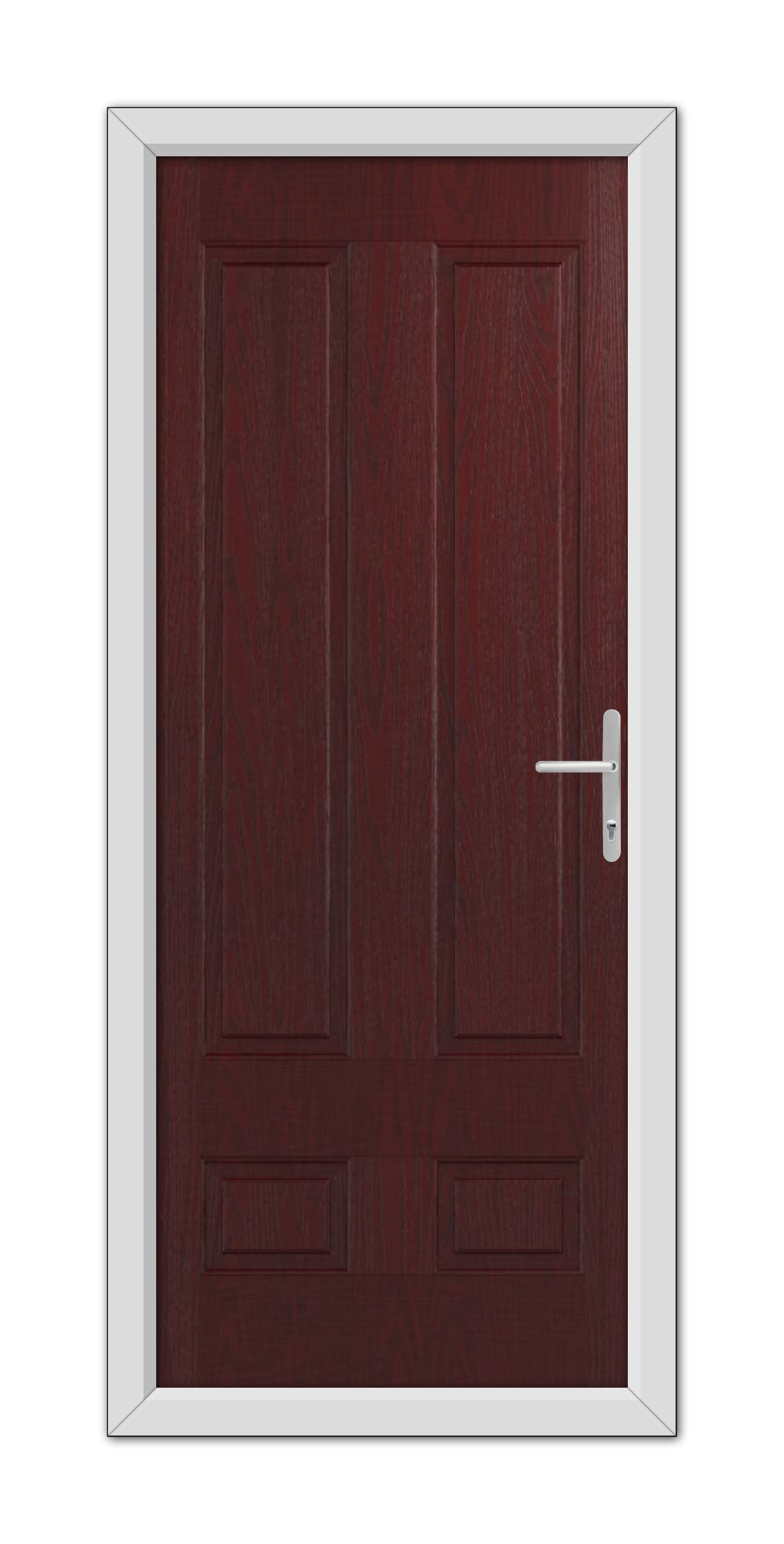 A Rosewood Aston Solid Composite Door 48mm Timber Core with a white frame and a metallic handle, centered within a plain white background.