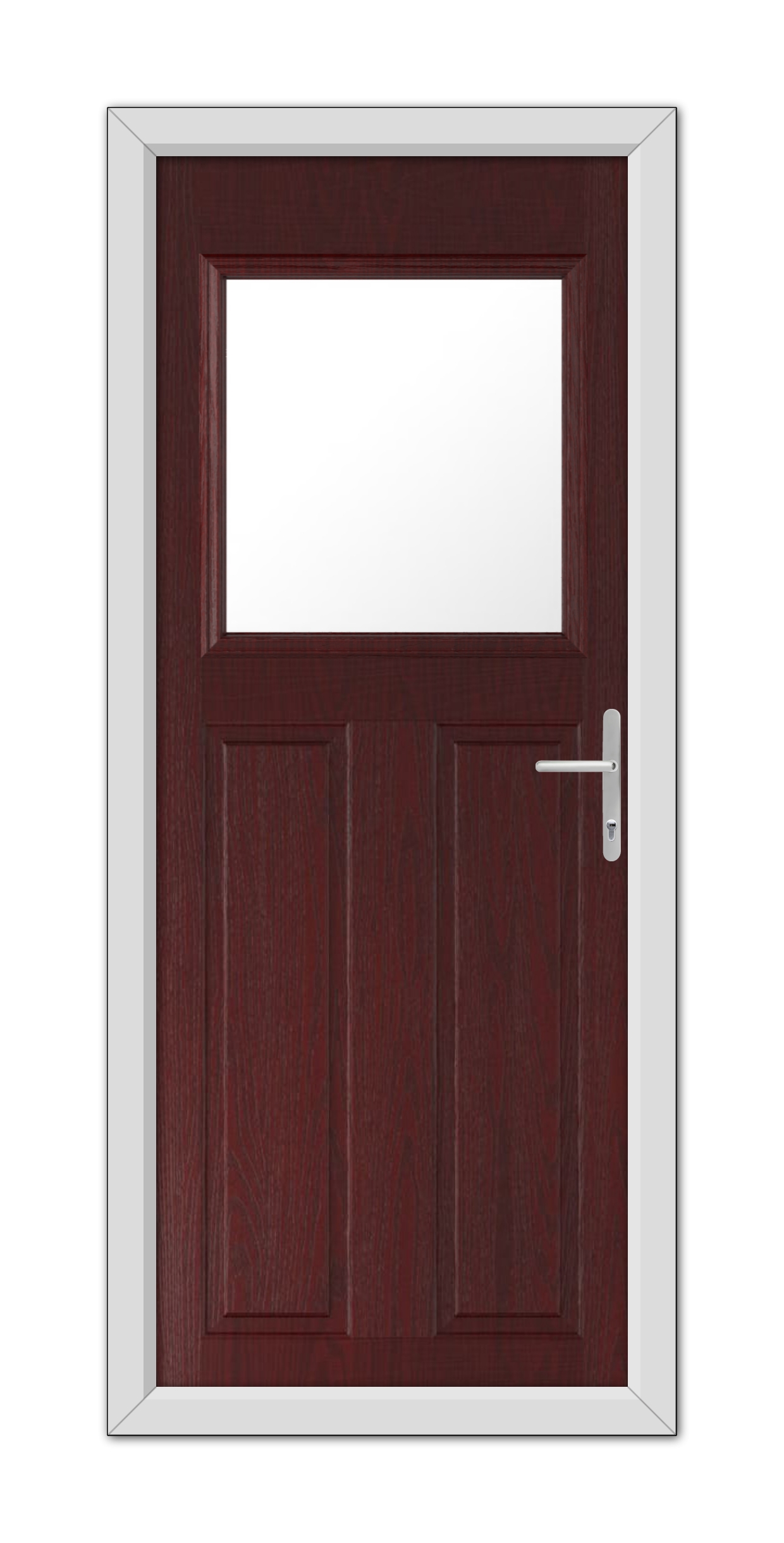 A Rosewood Axwell Composite Door 48mm Timber Core with a square window at the top, equipped with a modern handle, set within a white frame.