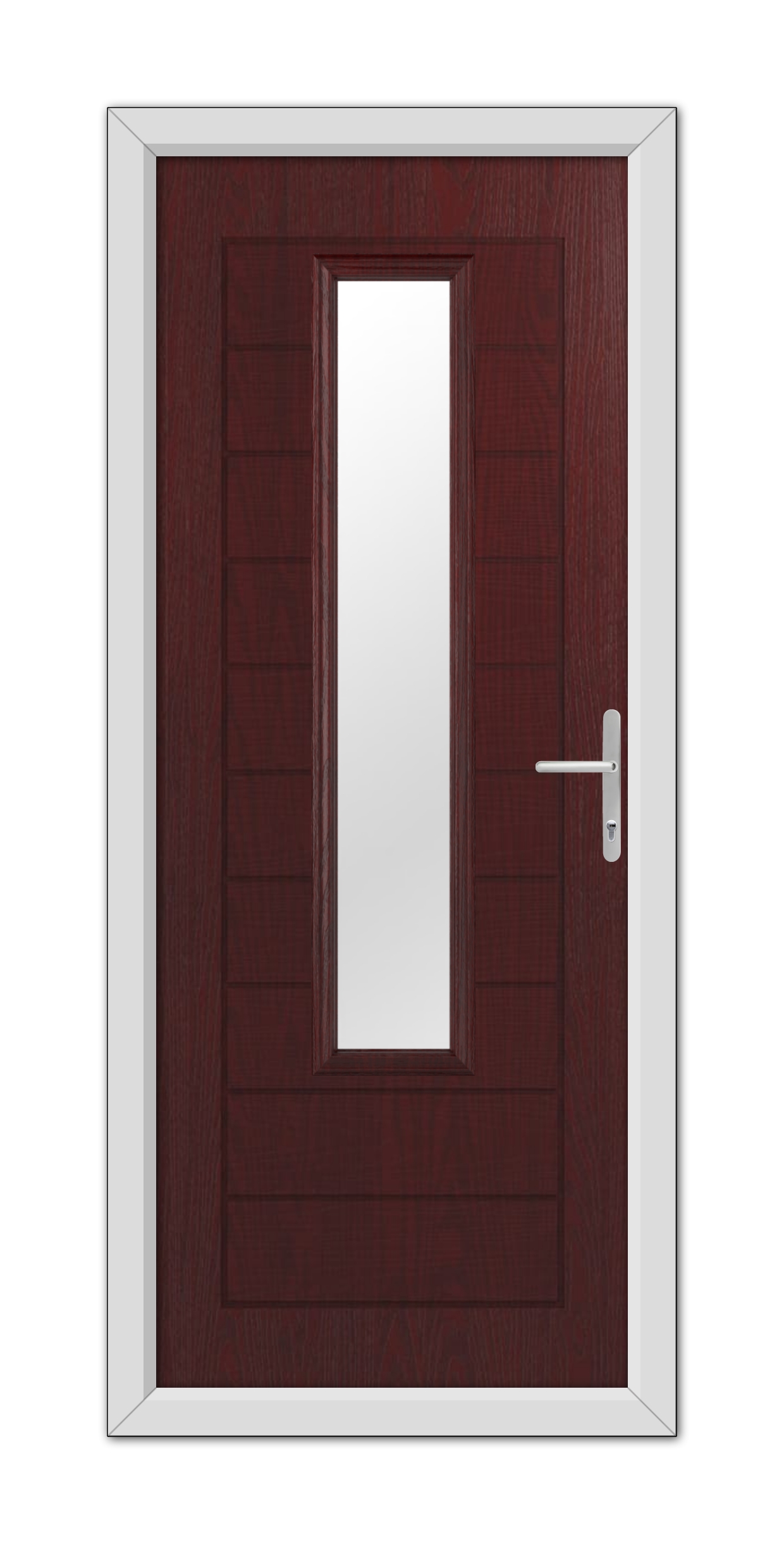 A modern Rosewood Bedford Composite Door 48mm Timber Core with a vertical glass panel and a white metal handle, set in a white frame.