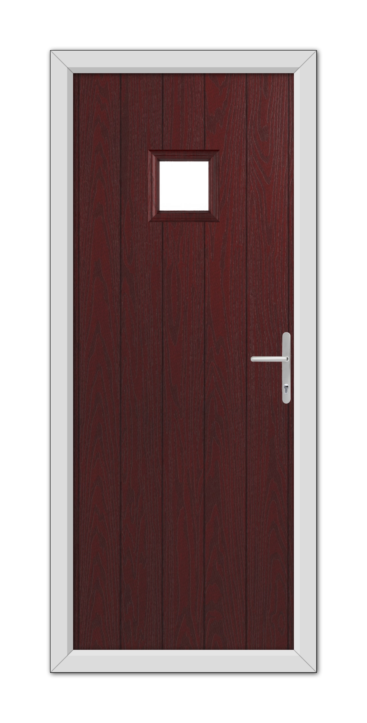Closed Rosewood Brampton Composite Door with a small window and a metal handle, framed by a white door frame.