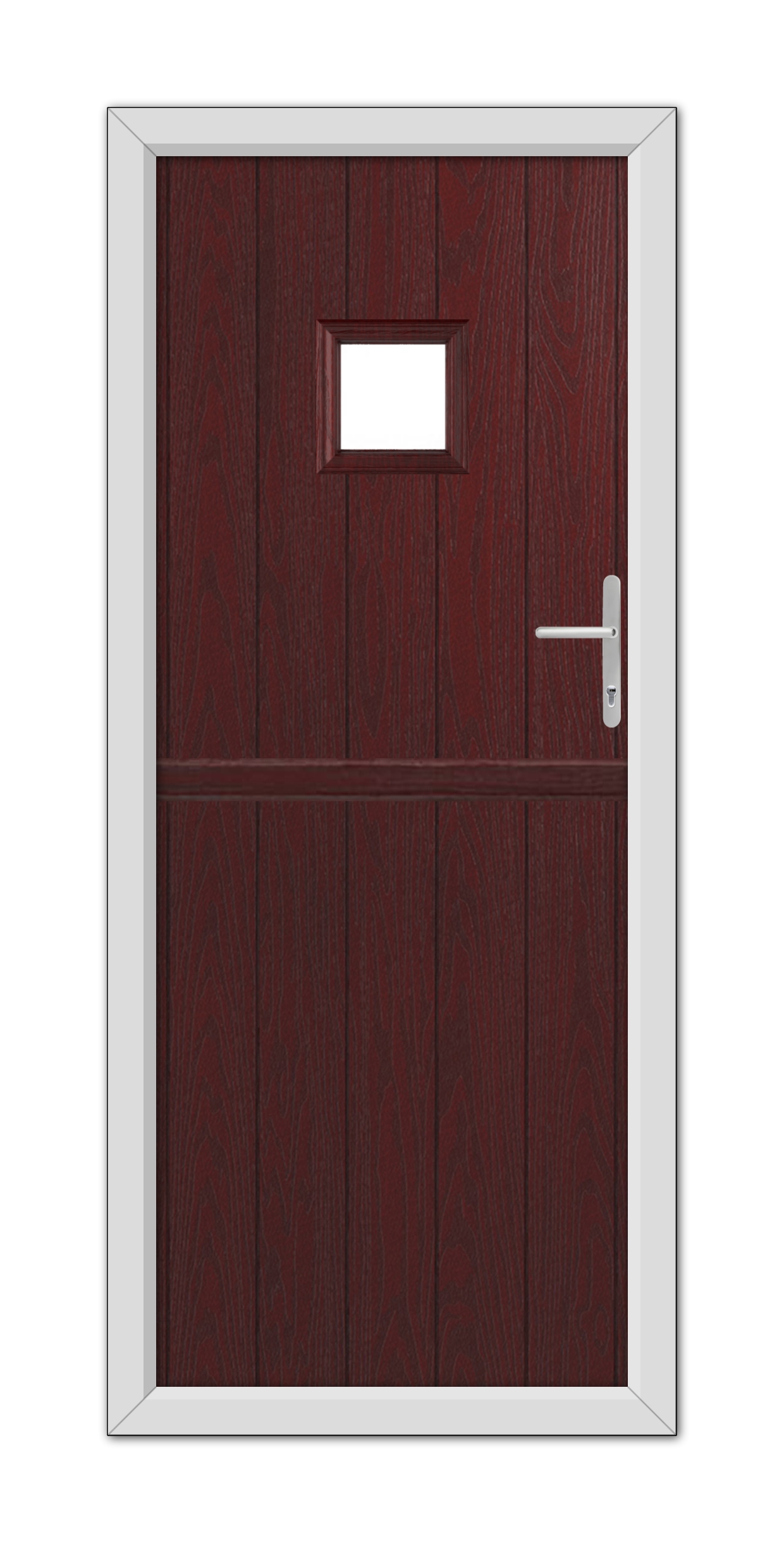 A modern Rosewood Brampton Stable Composite Door 48mm Timber Core with a small square window at the top and a white metal handle on the right side, framed in white.
