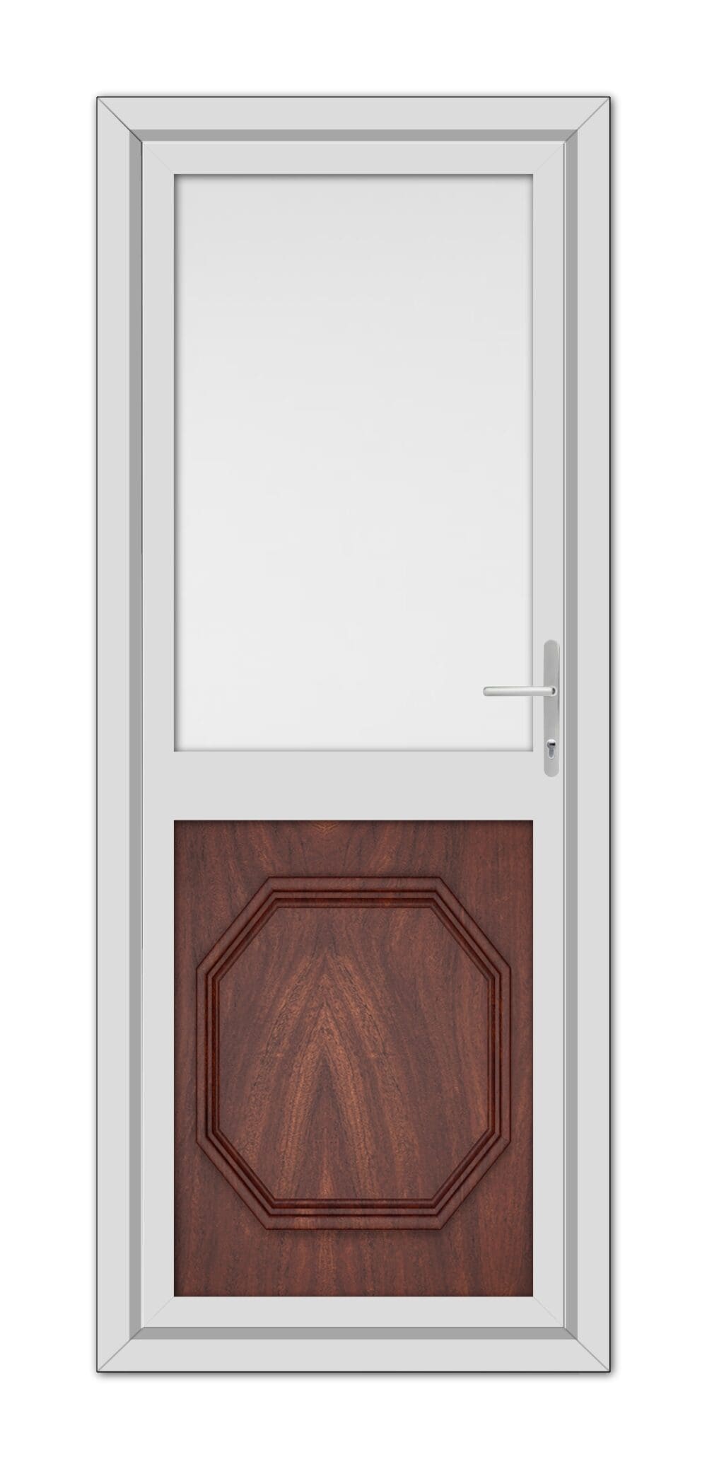 A Rosewood Buckingham Half uPVC Back Door featuring a rectangular upper glass pane and a lower wooden panel with a herringbone pattern, equipped with a modern handle.