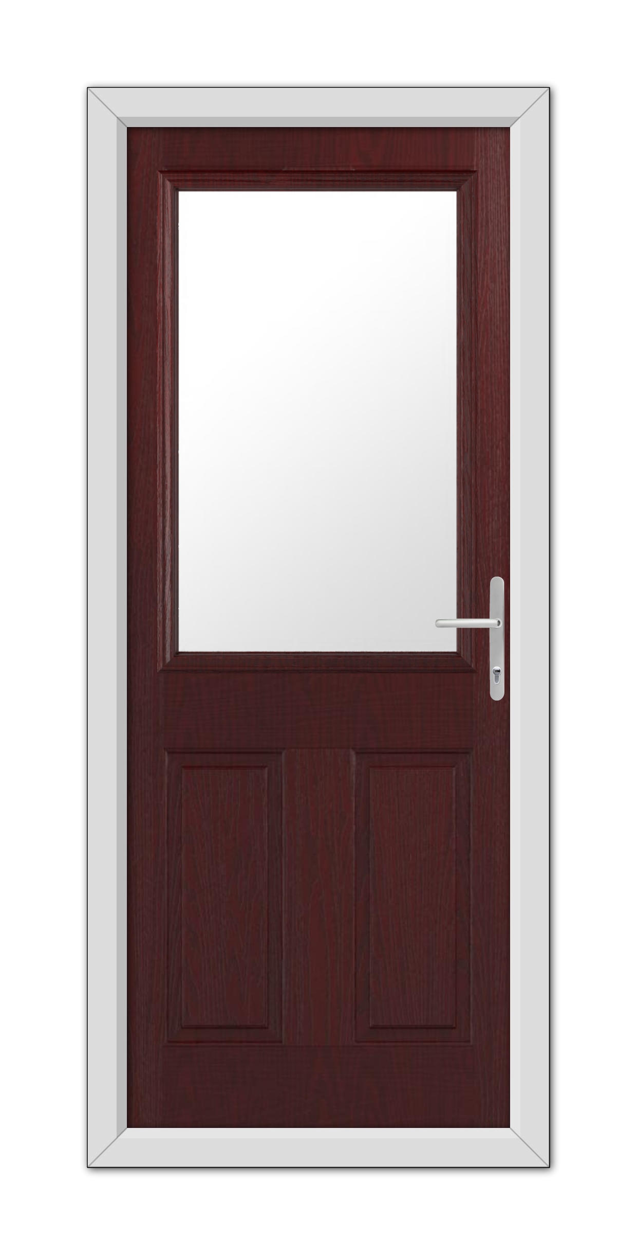 A Rosewood Buxton Composite Door 48mm Timber Core with a white frame, featuring a large rectangular window at the top and a metal handle on the right side.