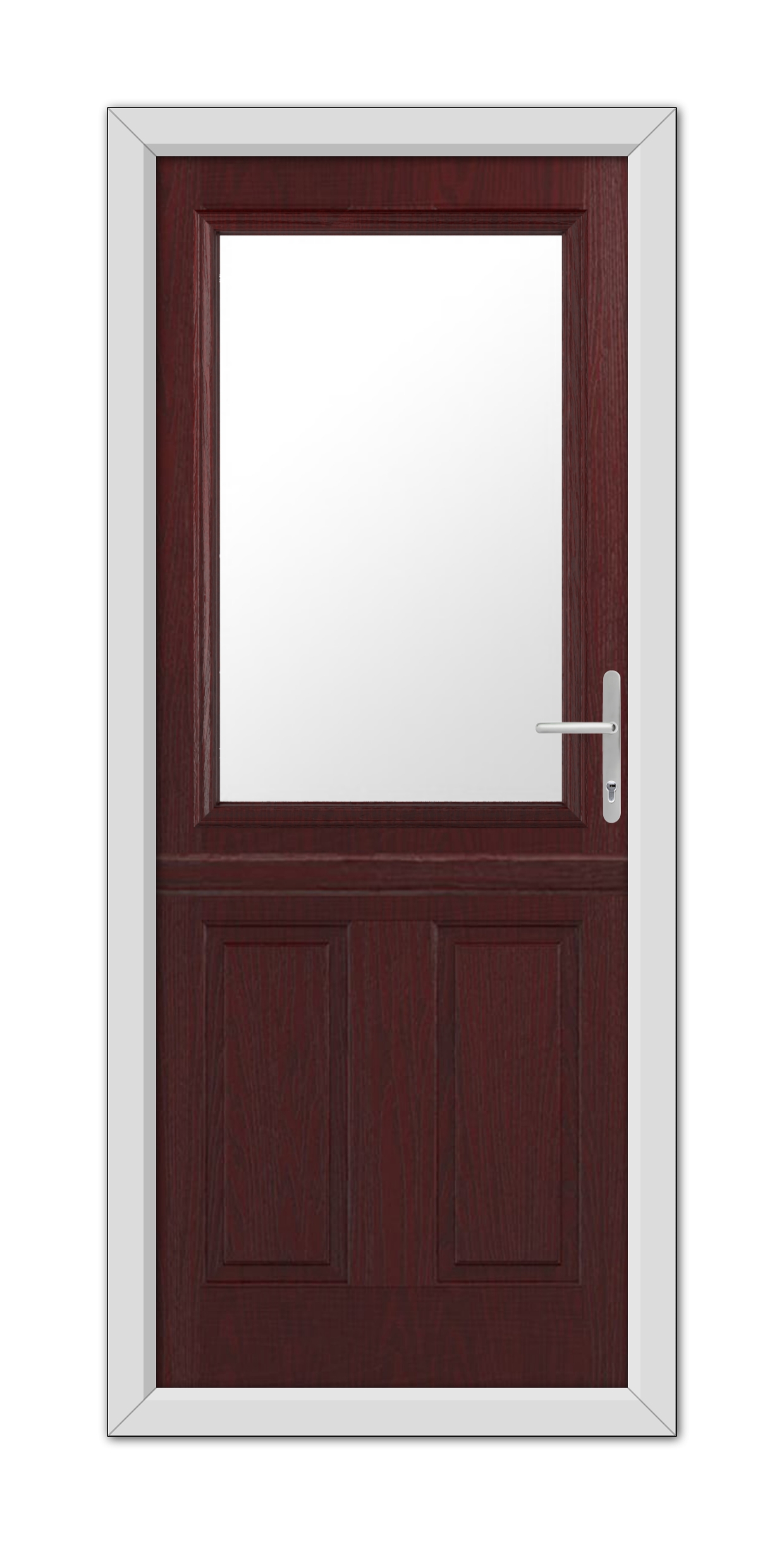 Rosewood Buxton Stable Composite 48mm Timber Core Door with a large glass panel on top, a solid wood lower half, and a modern handle, framed by a simple white casing.