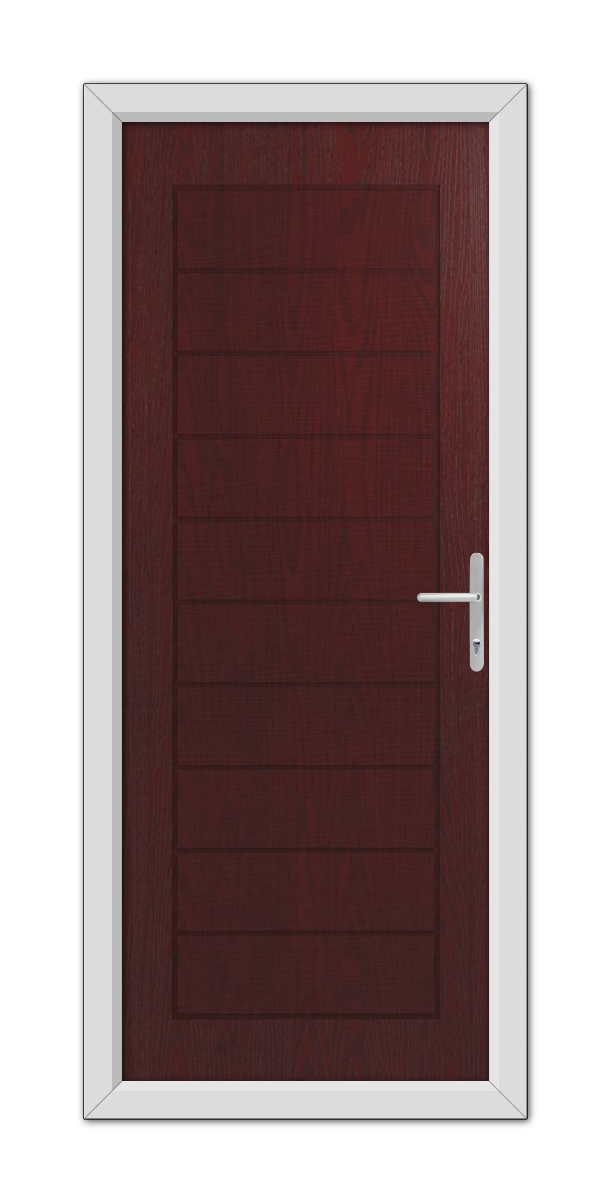 A closed Rosewood Cambridge Composite Door 48mm Timber Core with a white metal handle, framed by a white door frame, against a plain background.