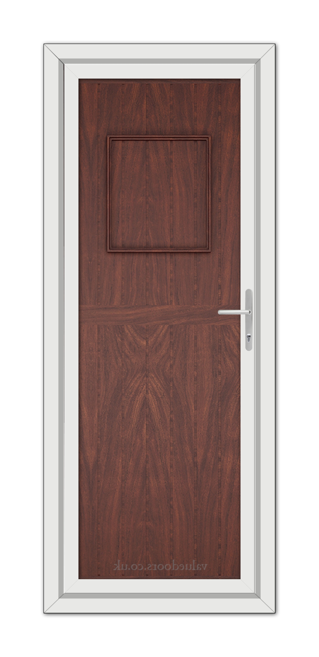 A modern Rosewood Chatsworth Solid uPVC Door with a centered square panel, framed in white, featuring a metal handle on the right side.